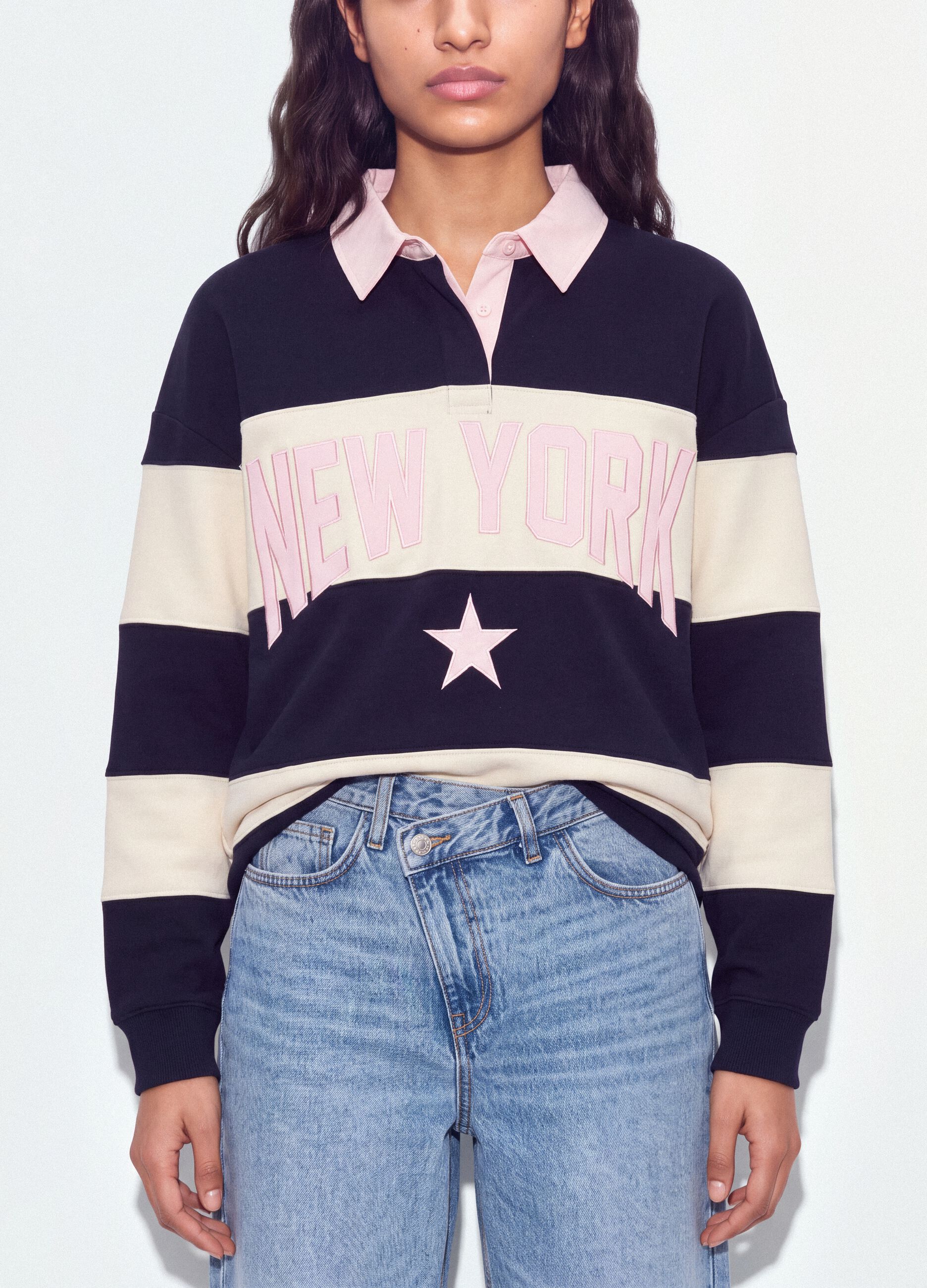 Sweatshirt azul &agrave;s riscas em mistura de algod&atilde;o com colarinho, relaxed fit
