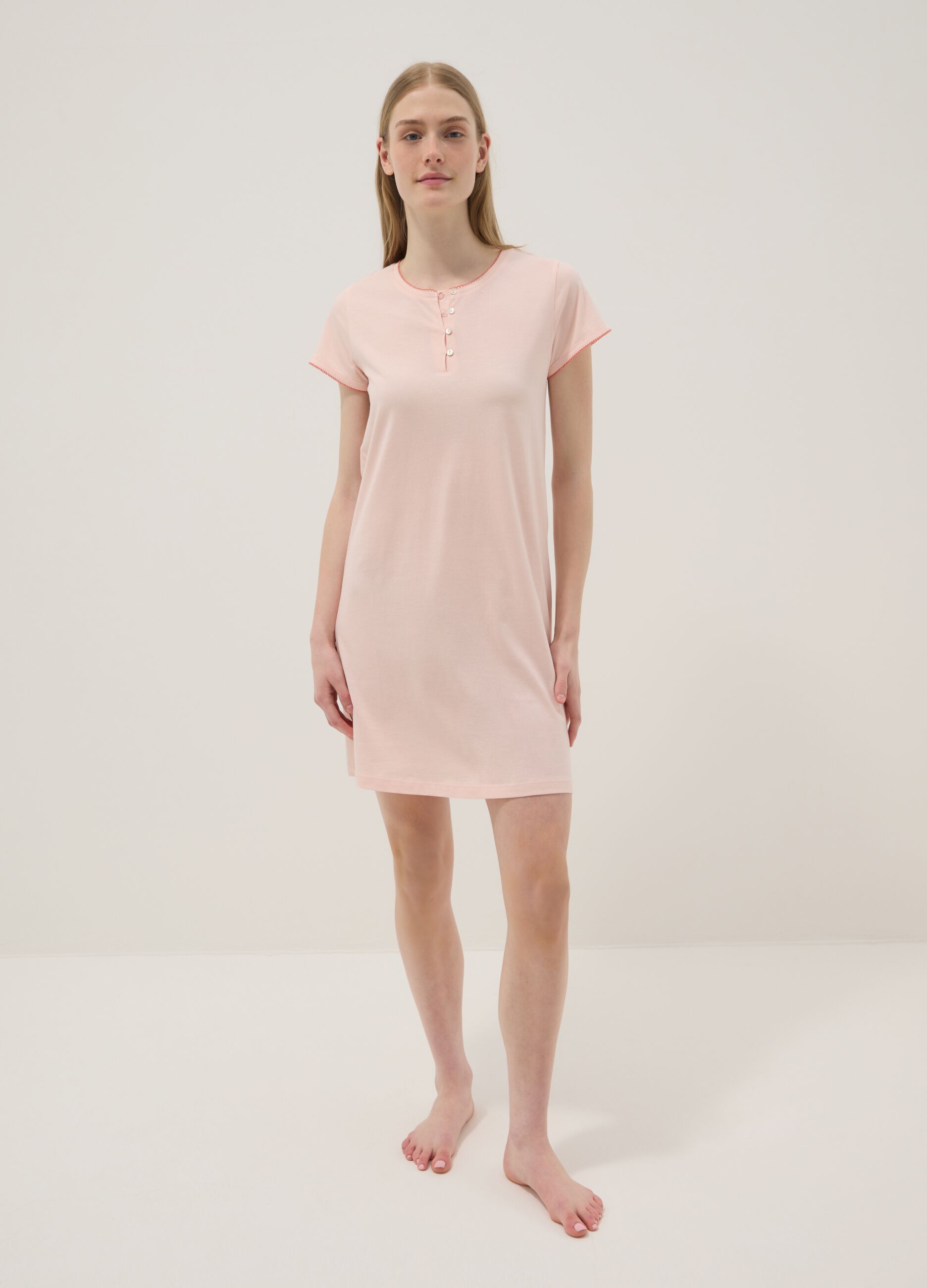 Pink pure cotton nightdress regular fit with Henley neckline