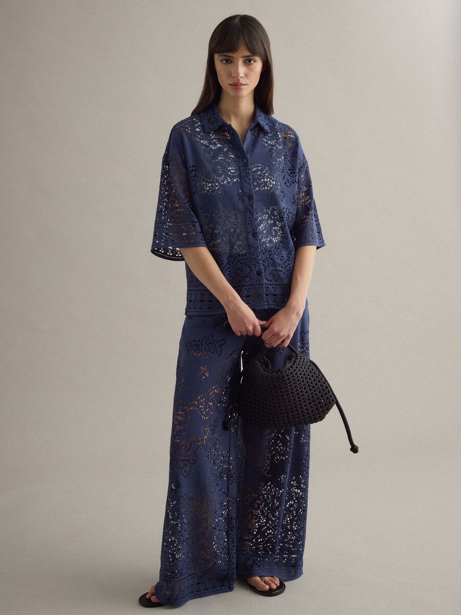 Wide leg blue cotton blend trousers with perforated texture_0