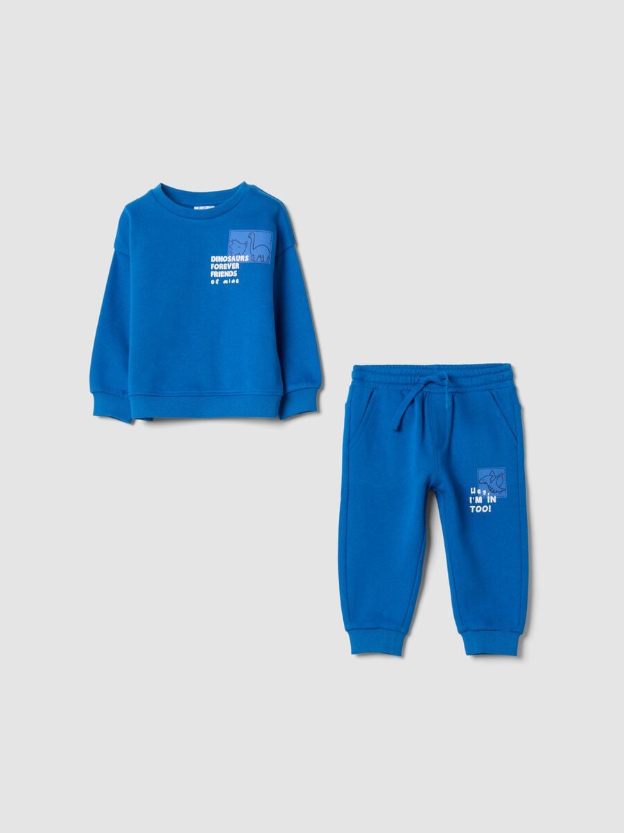 Completo jogging blu in puro cotone con stampa dinosauri over fit_0
