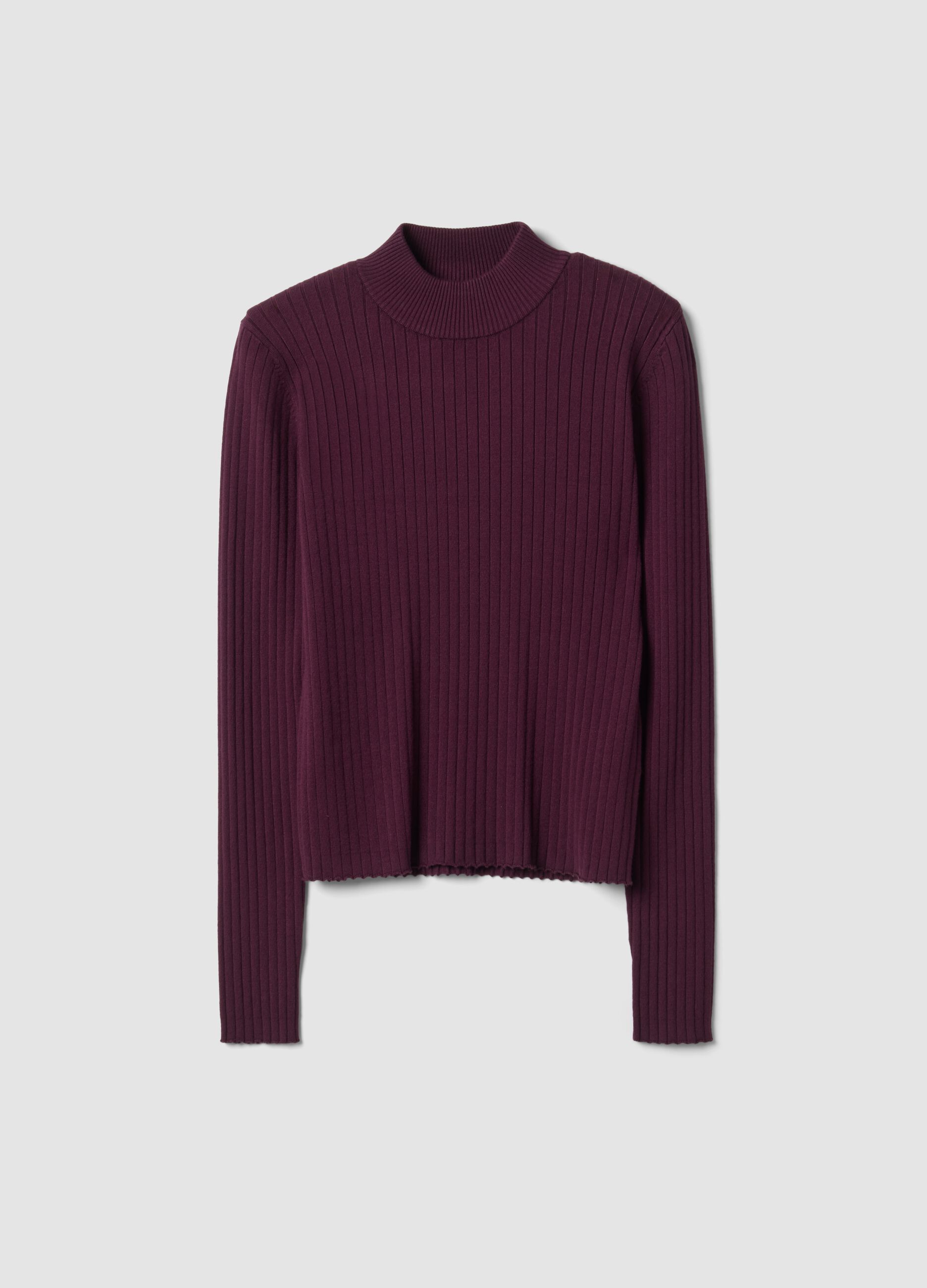 Purple ribbed viscose-blend top with high neck