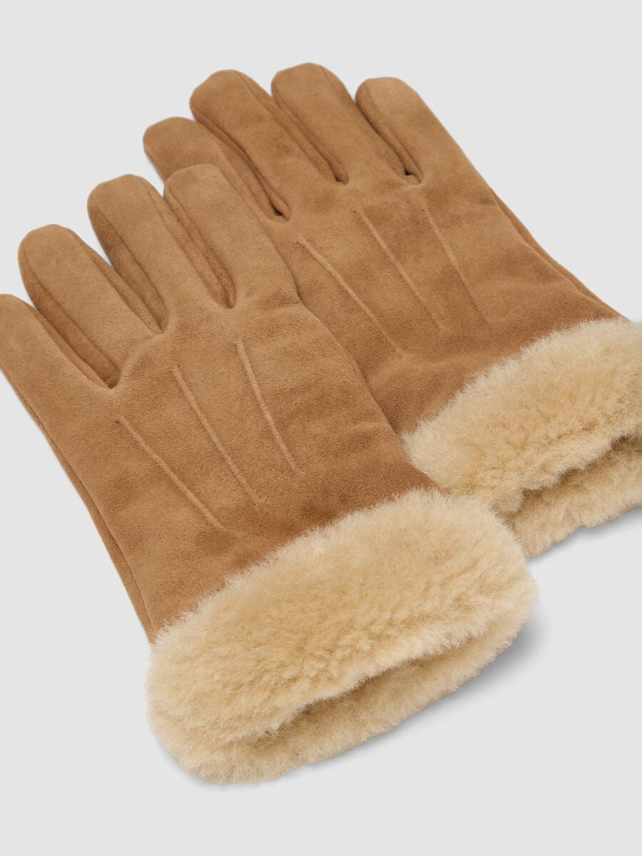 Brown genuine leather gloves with soft cuff_2