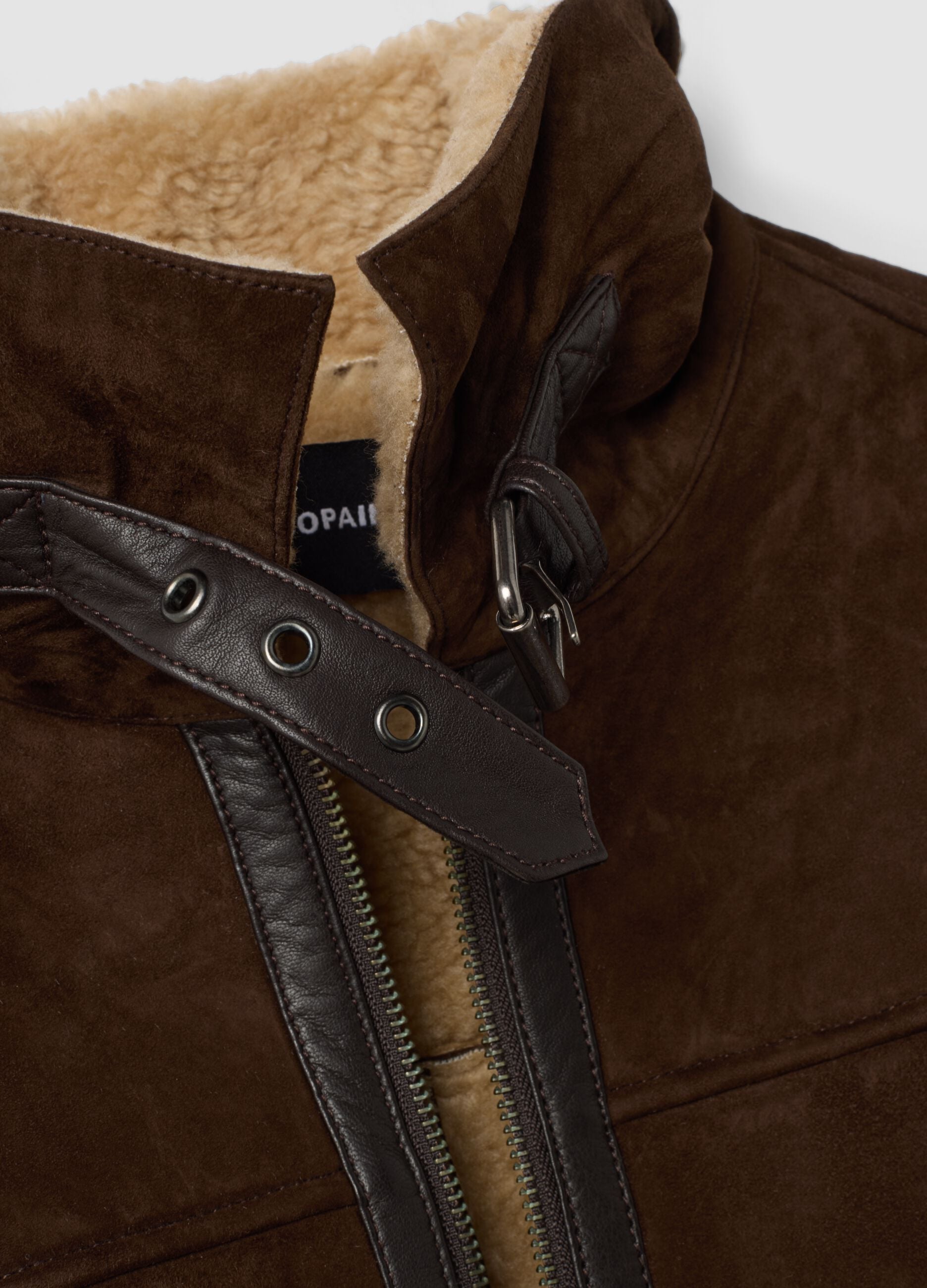 Dark brown genuine leather jacket with zip and contrast trims