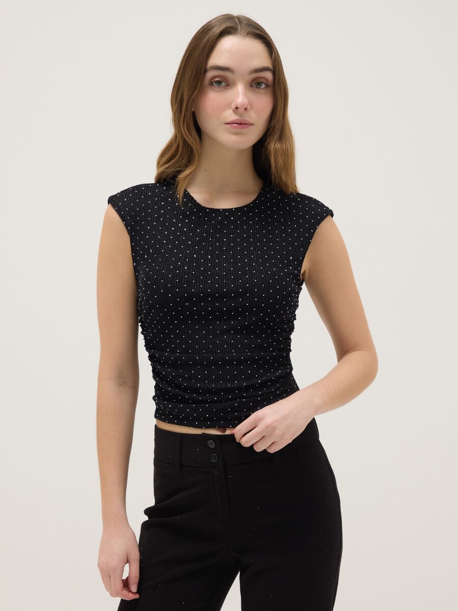 Black sleeveless top regular fit with back open and rhinestones_1