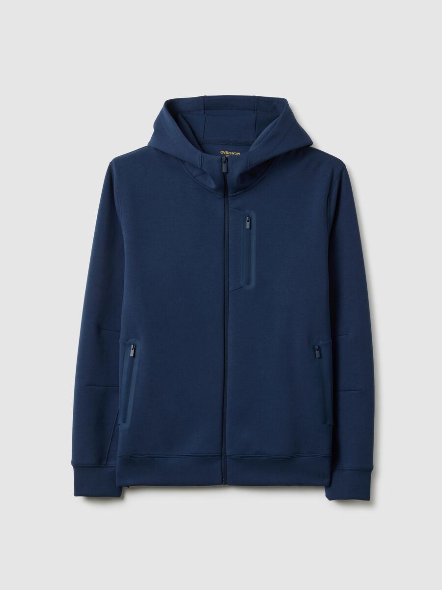 Blue Regular Fit Hooded Sweatshirt with Front Zip Neck_4