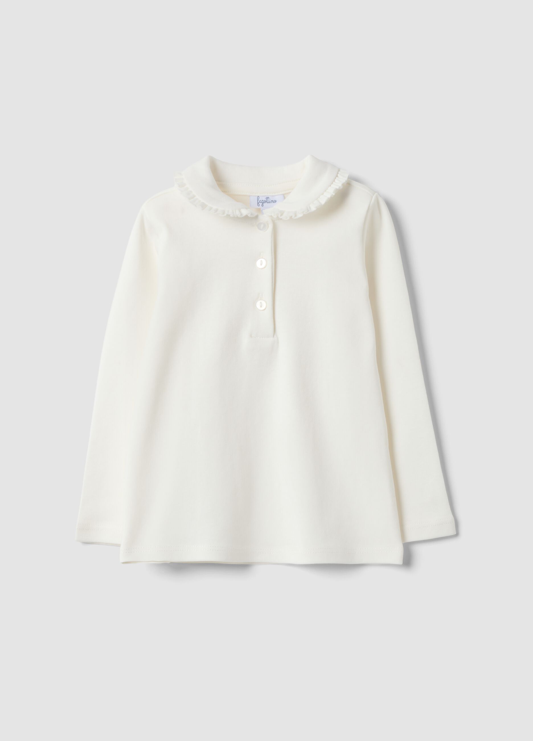 White long-sleeved polo in pure organic cotton