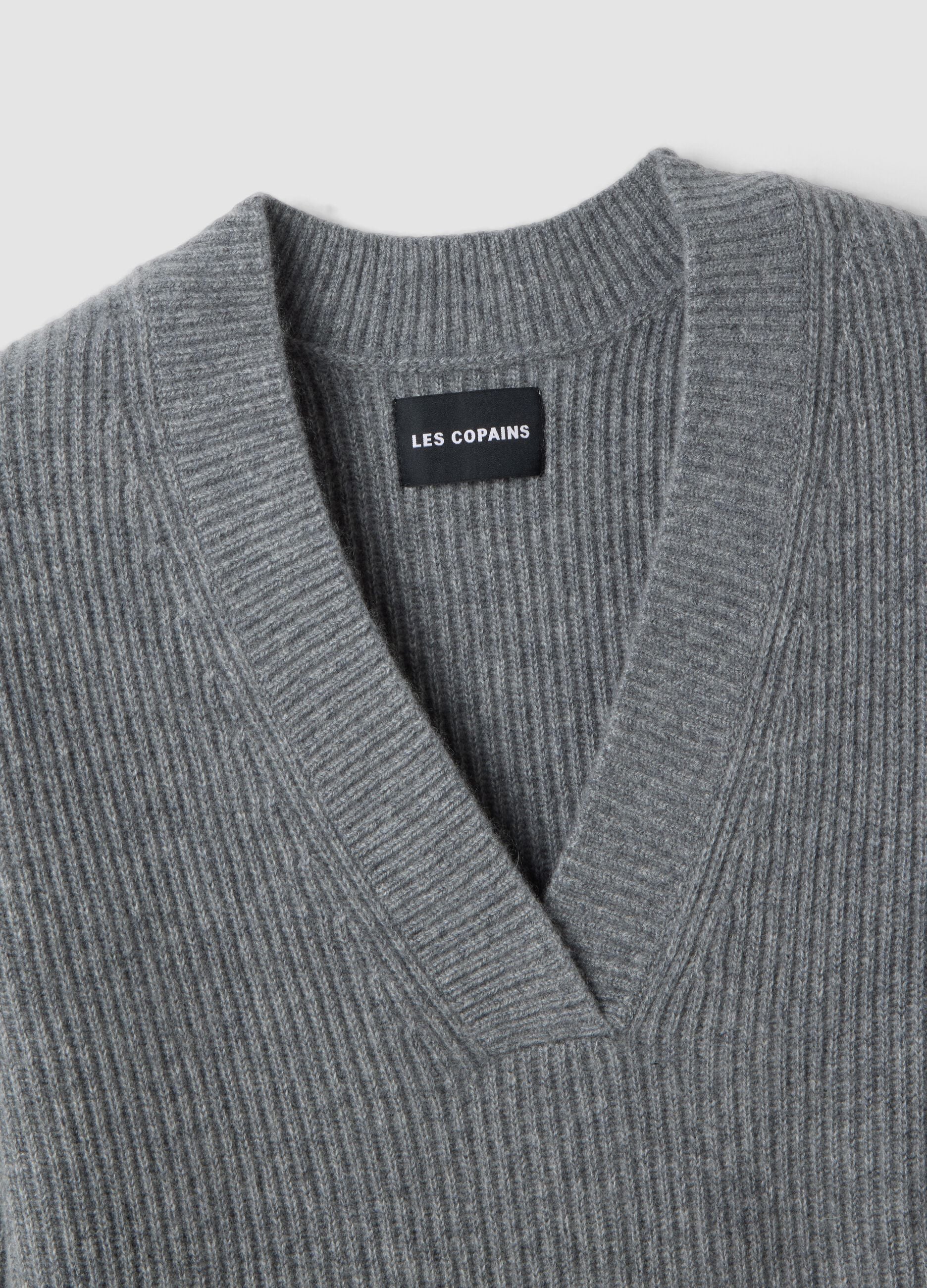 Grey marl pure cashmere deep V-neck oversized jumper