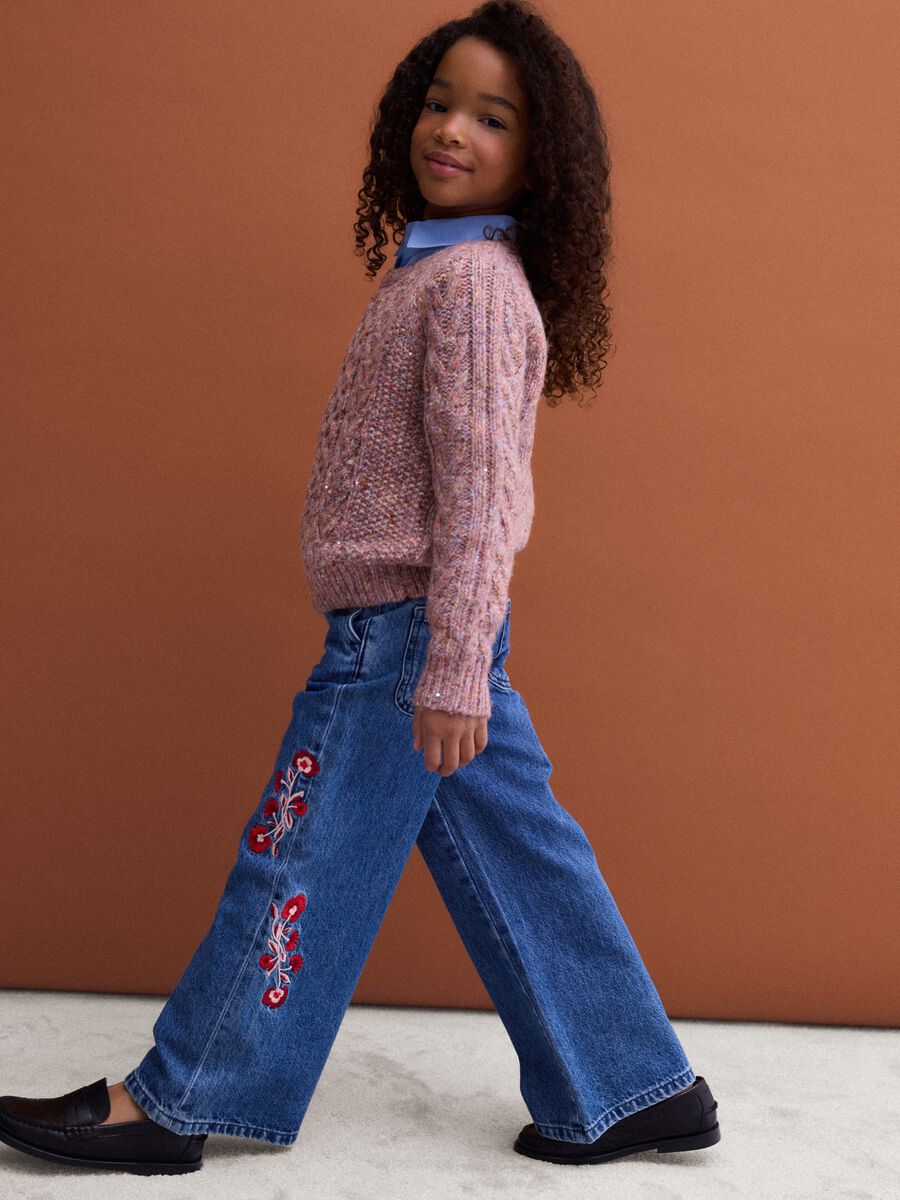 Blue pure cotton wide-leg jeans with floral embroidery_2
