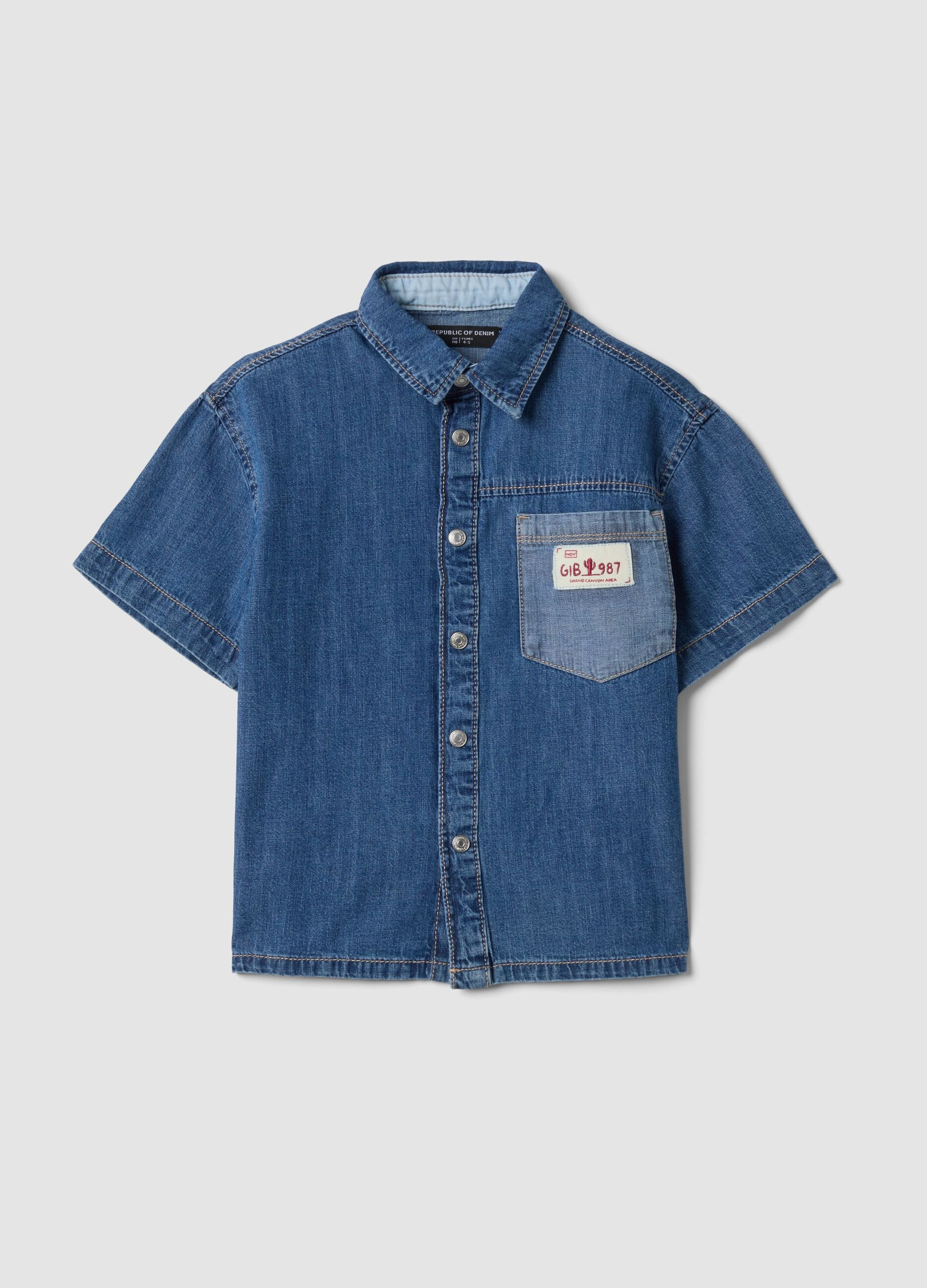 Blue denim short-sleeve pure cotton shirt