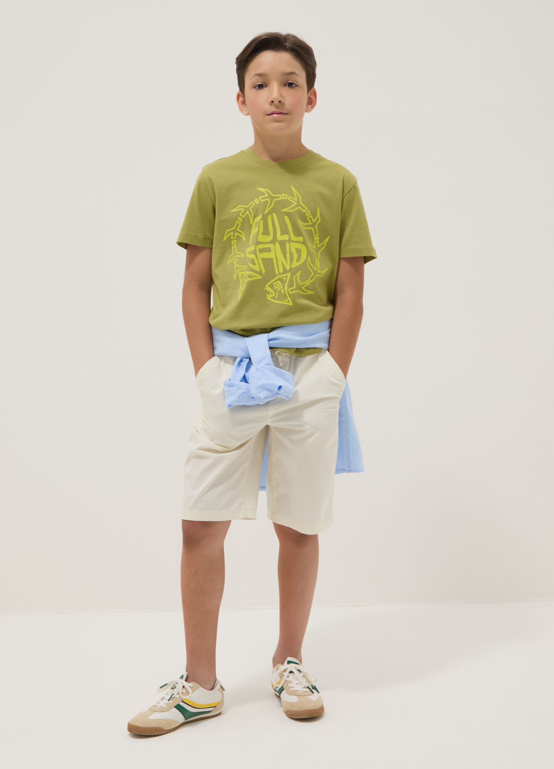 Beige pure cotton shorts with elasticated waist