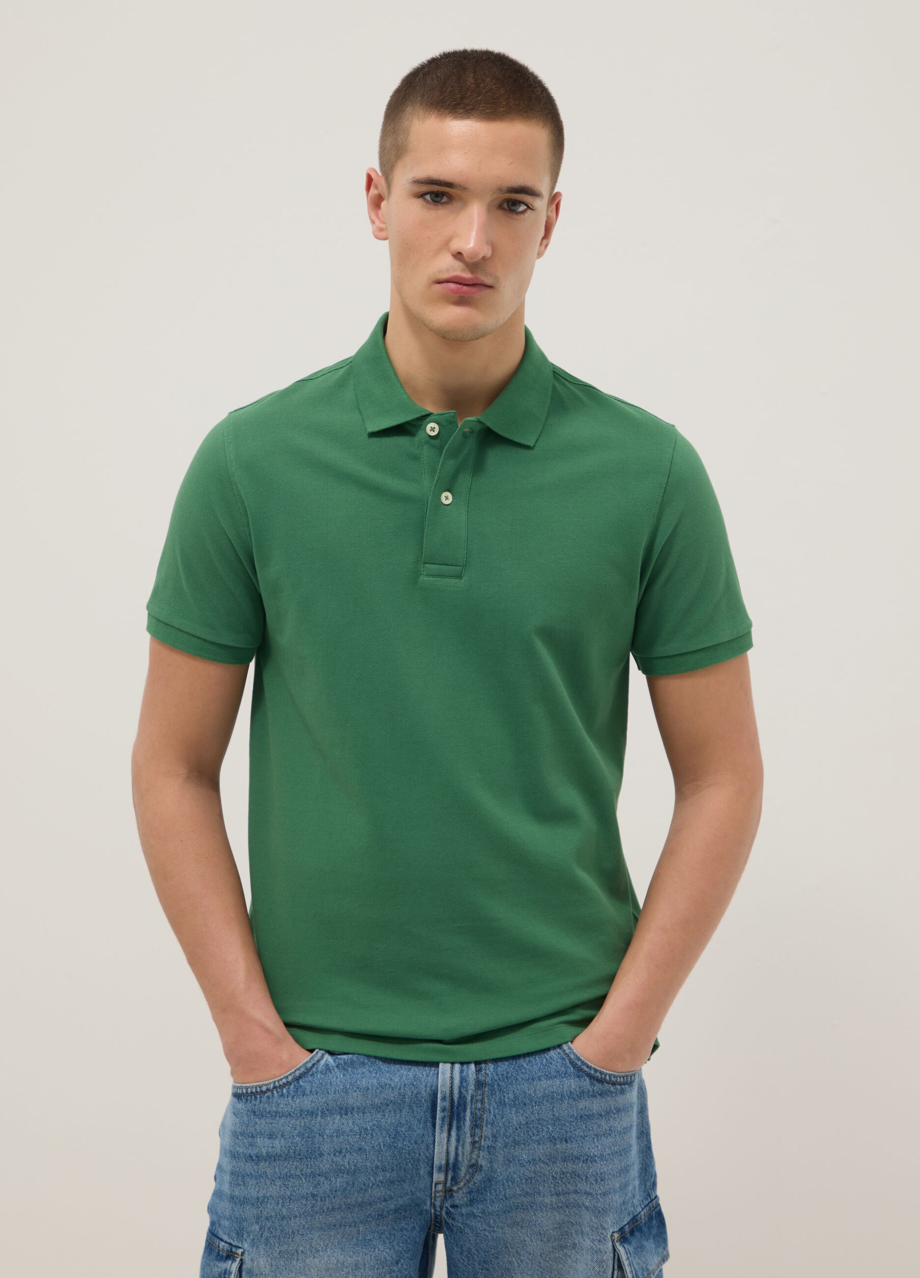 Short sleeve polo in pure green cotton regular fit