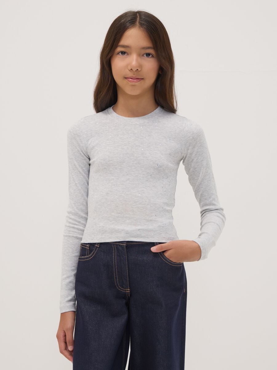 Grey organic cotton and stretch viscose T-shirt with rhinestones_0