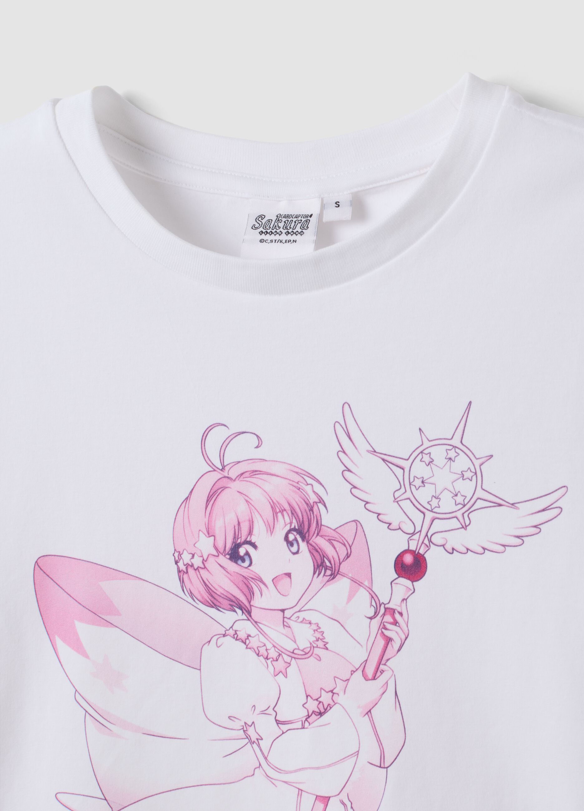 White stretch cotton T-shirt with Sakura print, regular fit