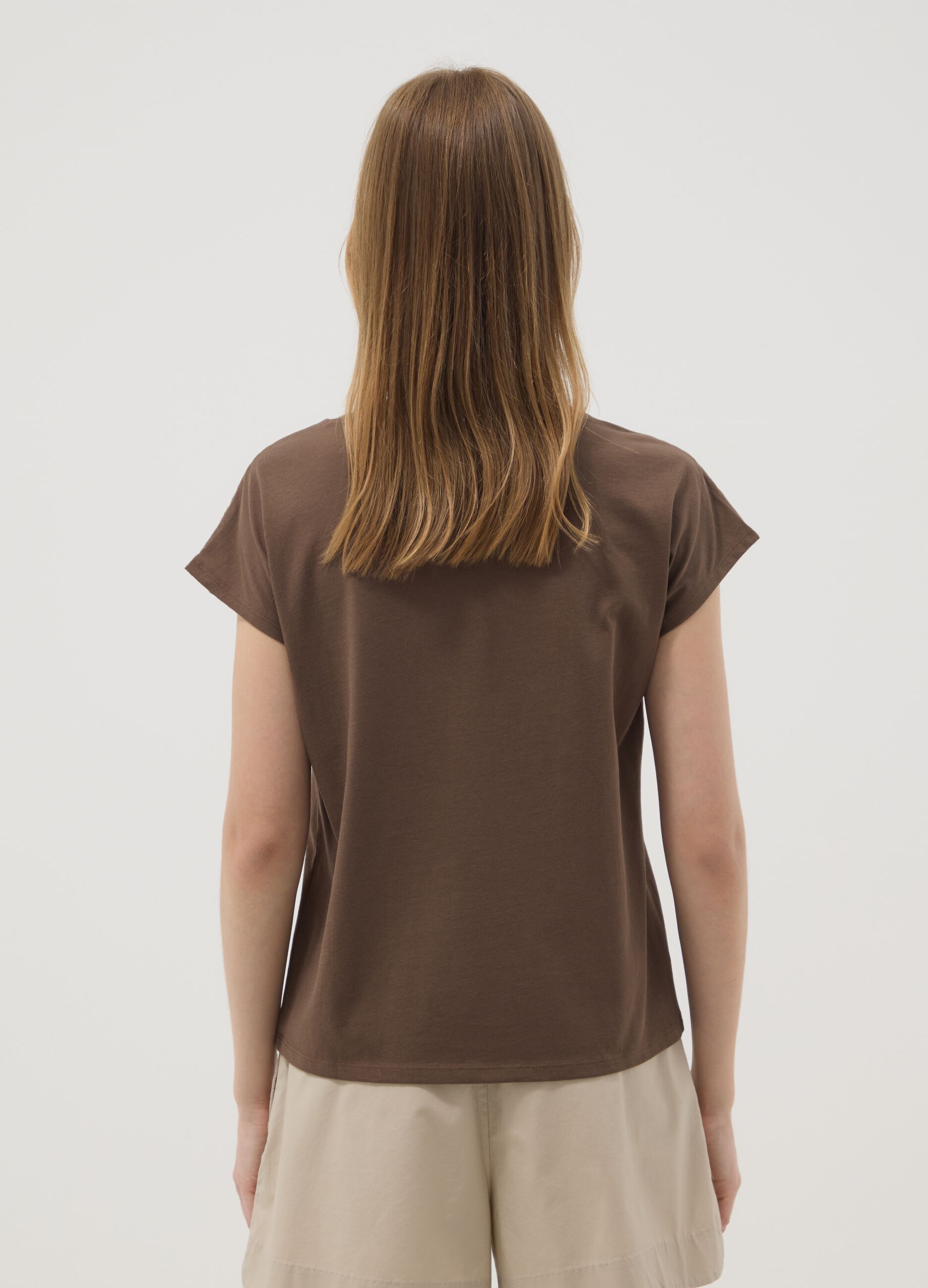 Brown pure cotton T-shirt with broderie anglaise insert