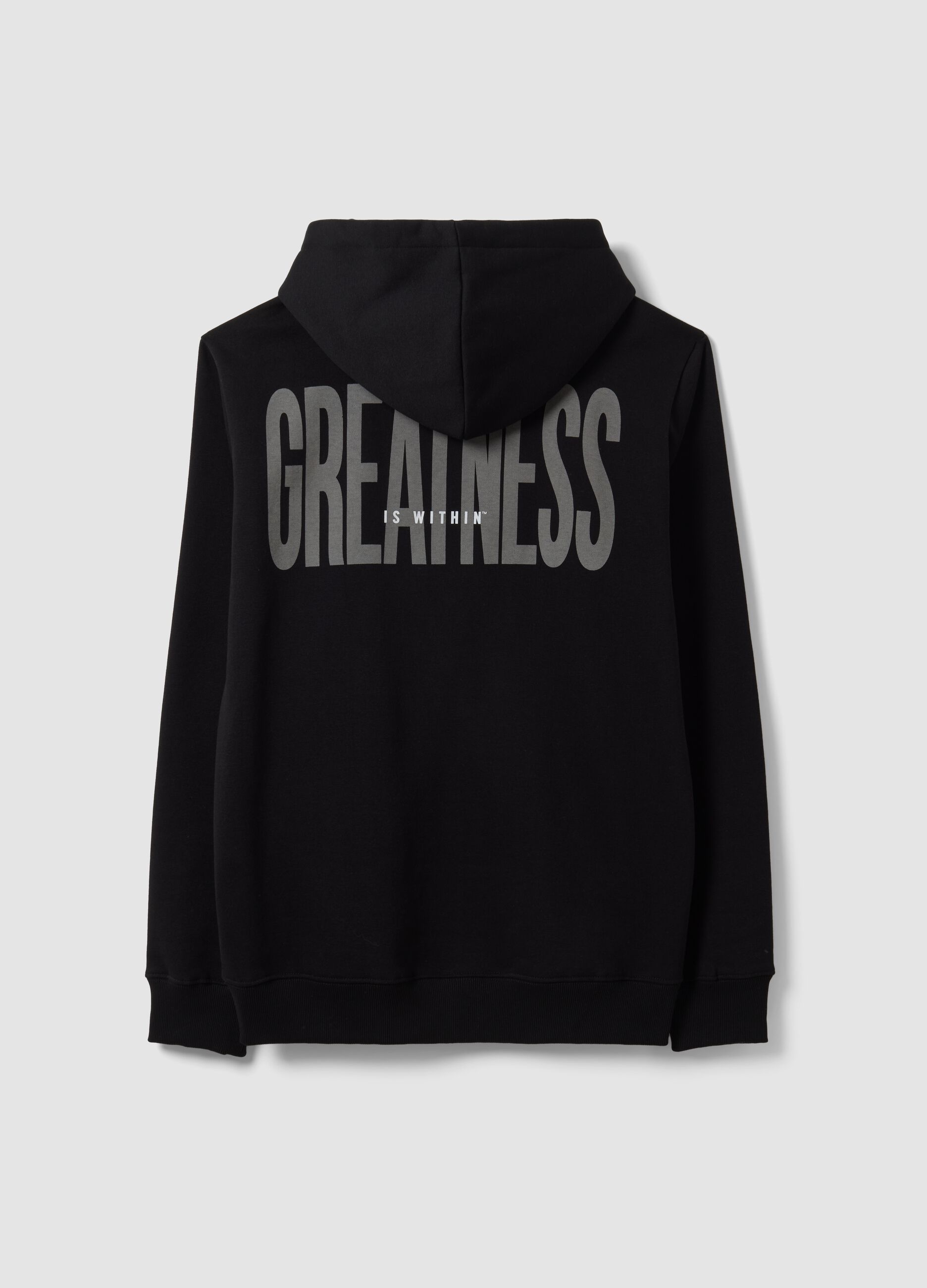 Sweatshirt preta com capuz e fecho de correr em mistura de algod&atilde;o