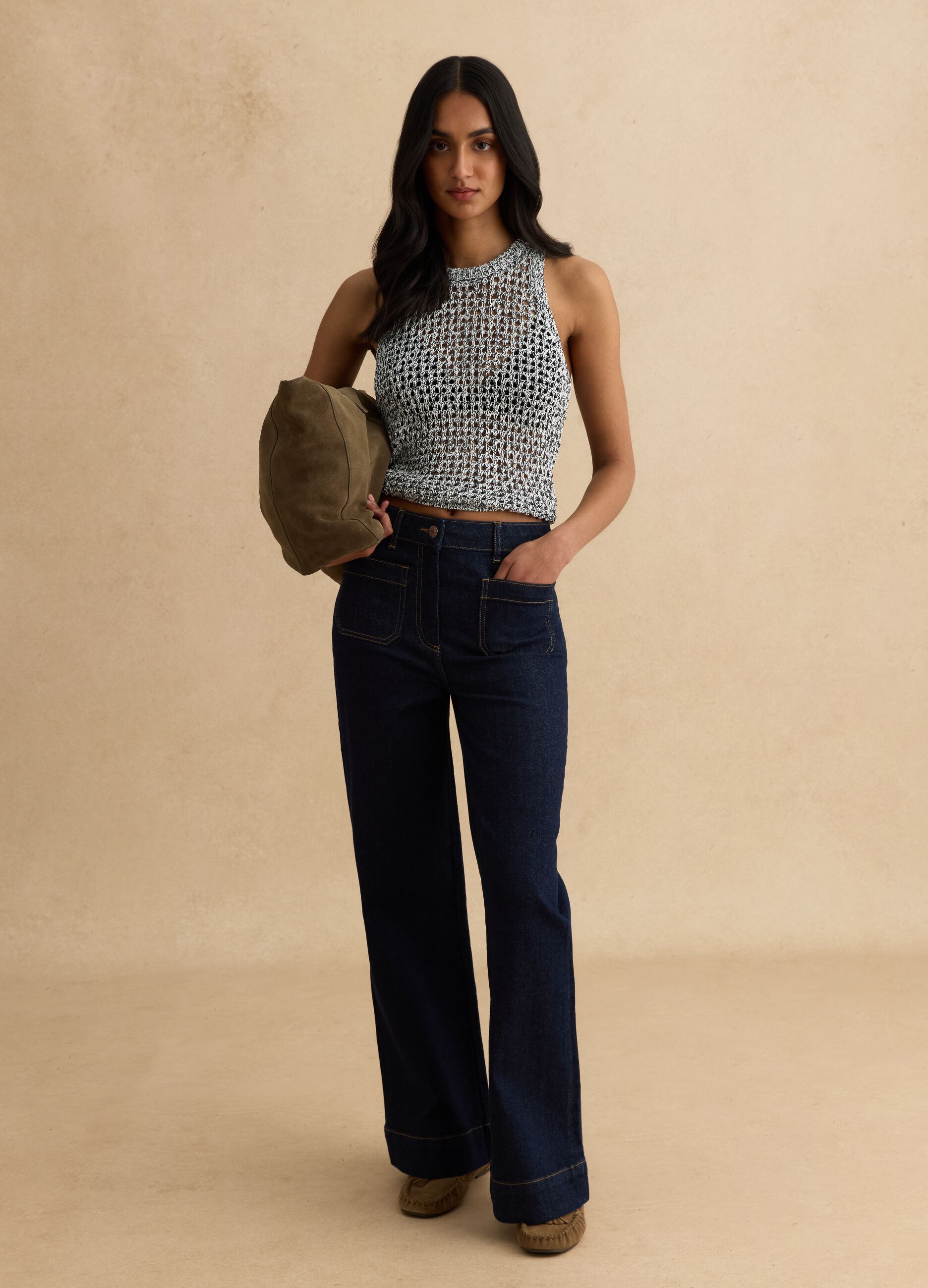 &Auml;rmelloses Oberteil mit mehrfarbigem Baumwollmix und regul&auml;rer Passform im Strickdesign