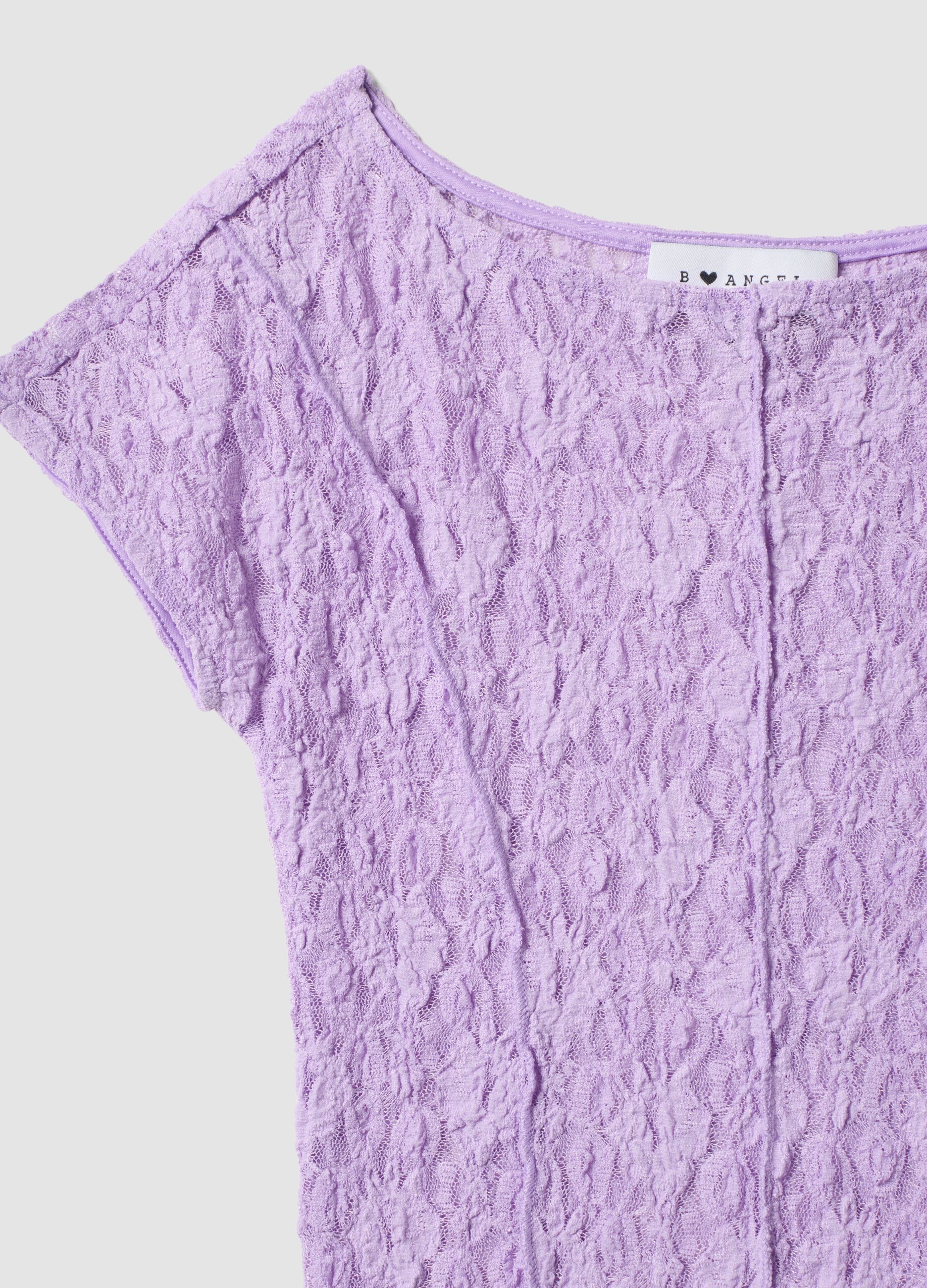 T-shirt viola in tessuto elasticizzato con texture floreale in rilievo