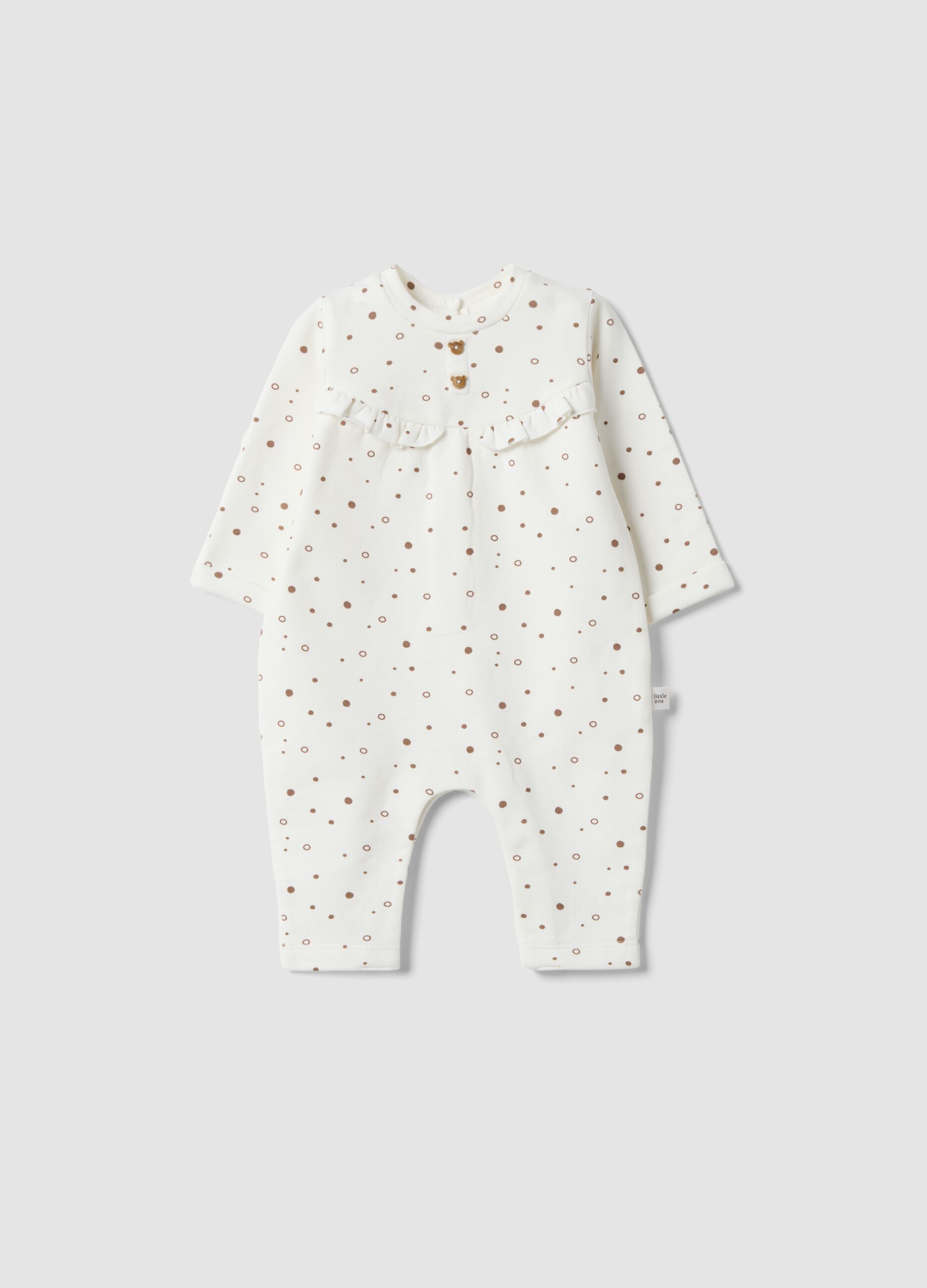 Babygrow branco em algod&atilde;o org&acirc;nico puro &agrave;s bolinhas