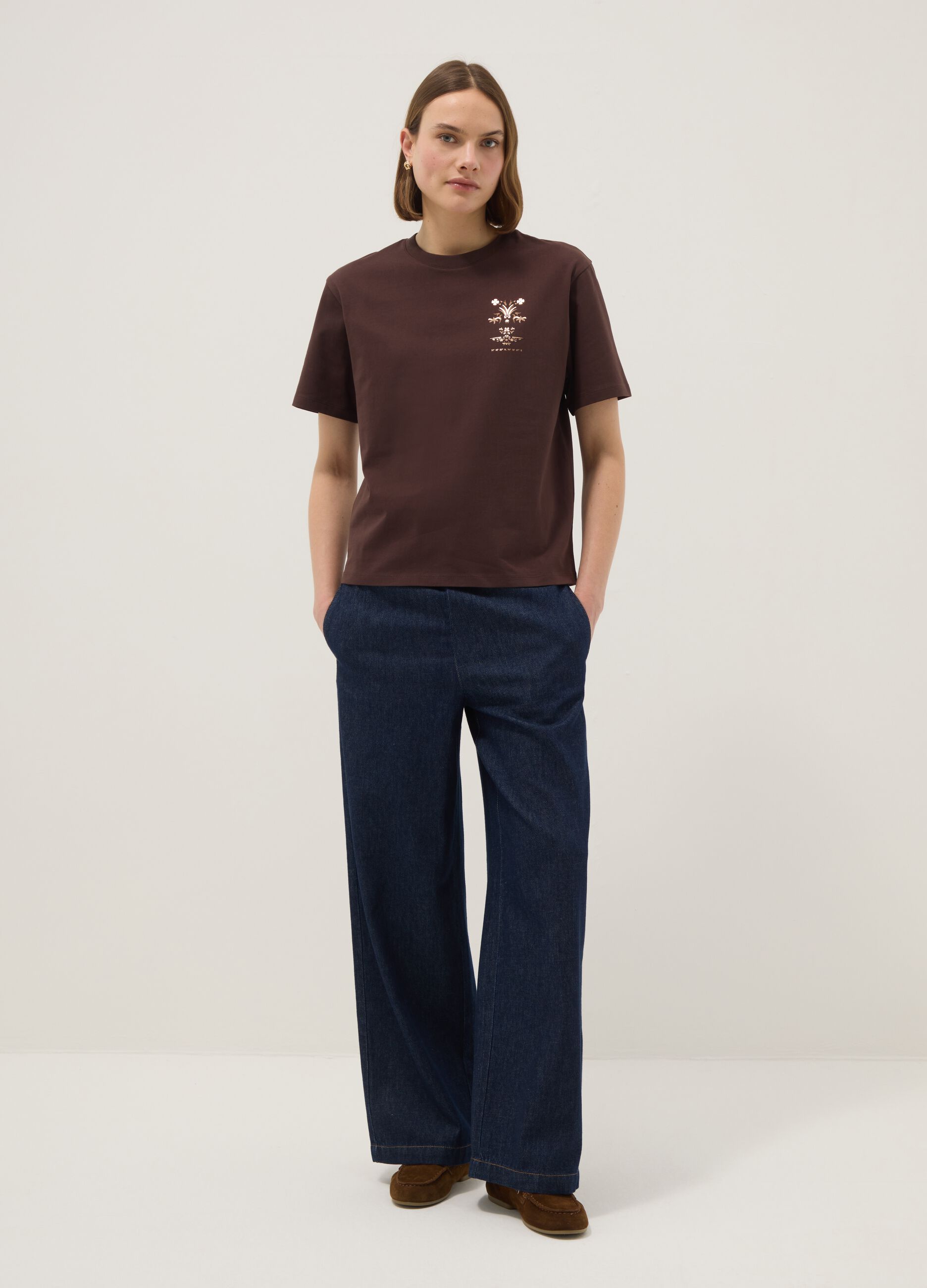 Brown pure cotton short-sleeve regular-fit T-shirt with print