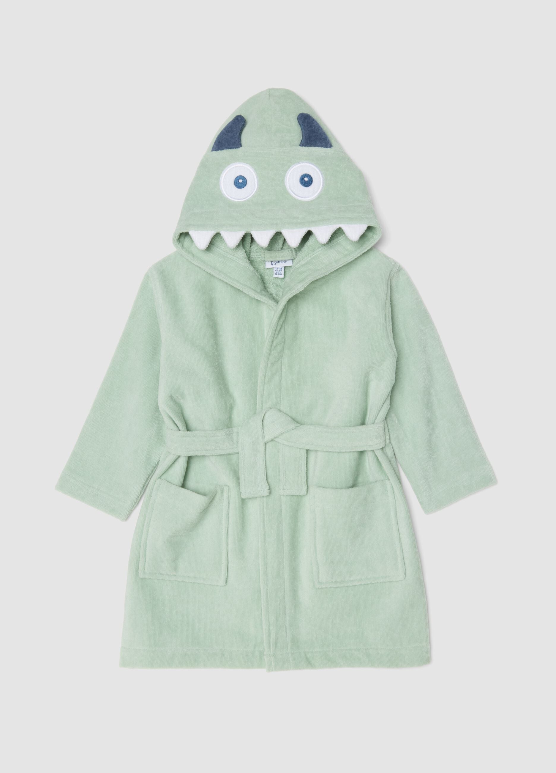 Green organic cotton dinosaur hooded bathrobe for babies and toddlers