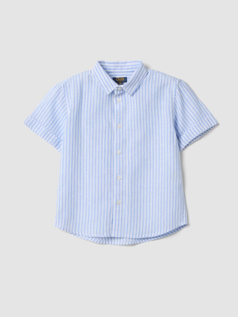 Boys' blue striped linen and cotton blend shirt, regular fit_0