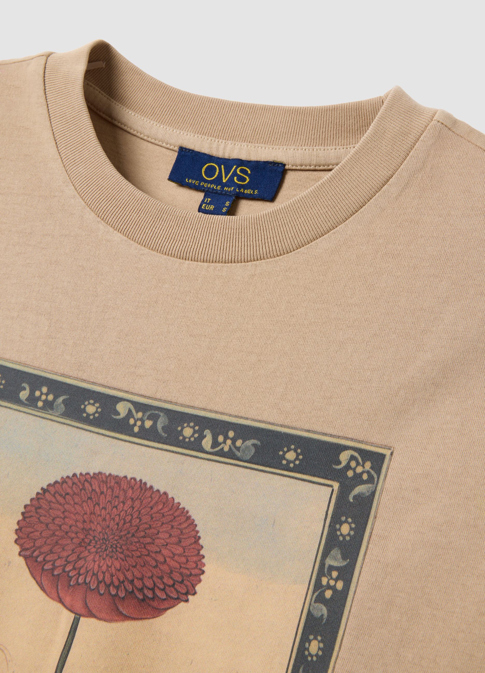 Beige pure cotton T-shirt with floral print