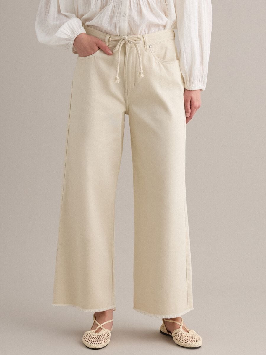 White pure cotton straight-fit trousers with drawstring_1