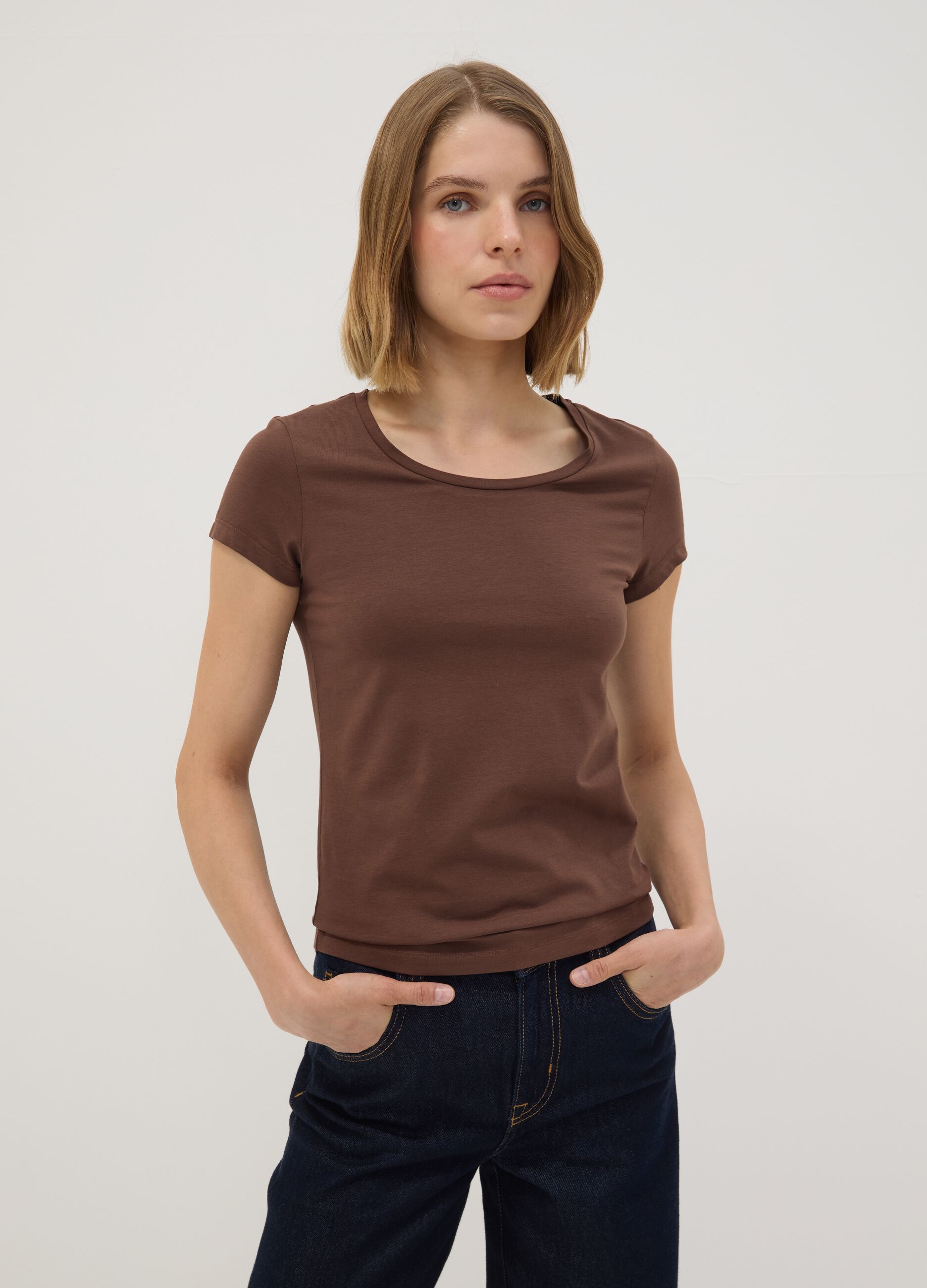 Brown stretch cotton crew-neck T-shirt, regular fit