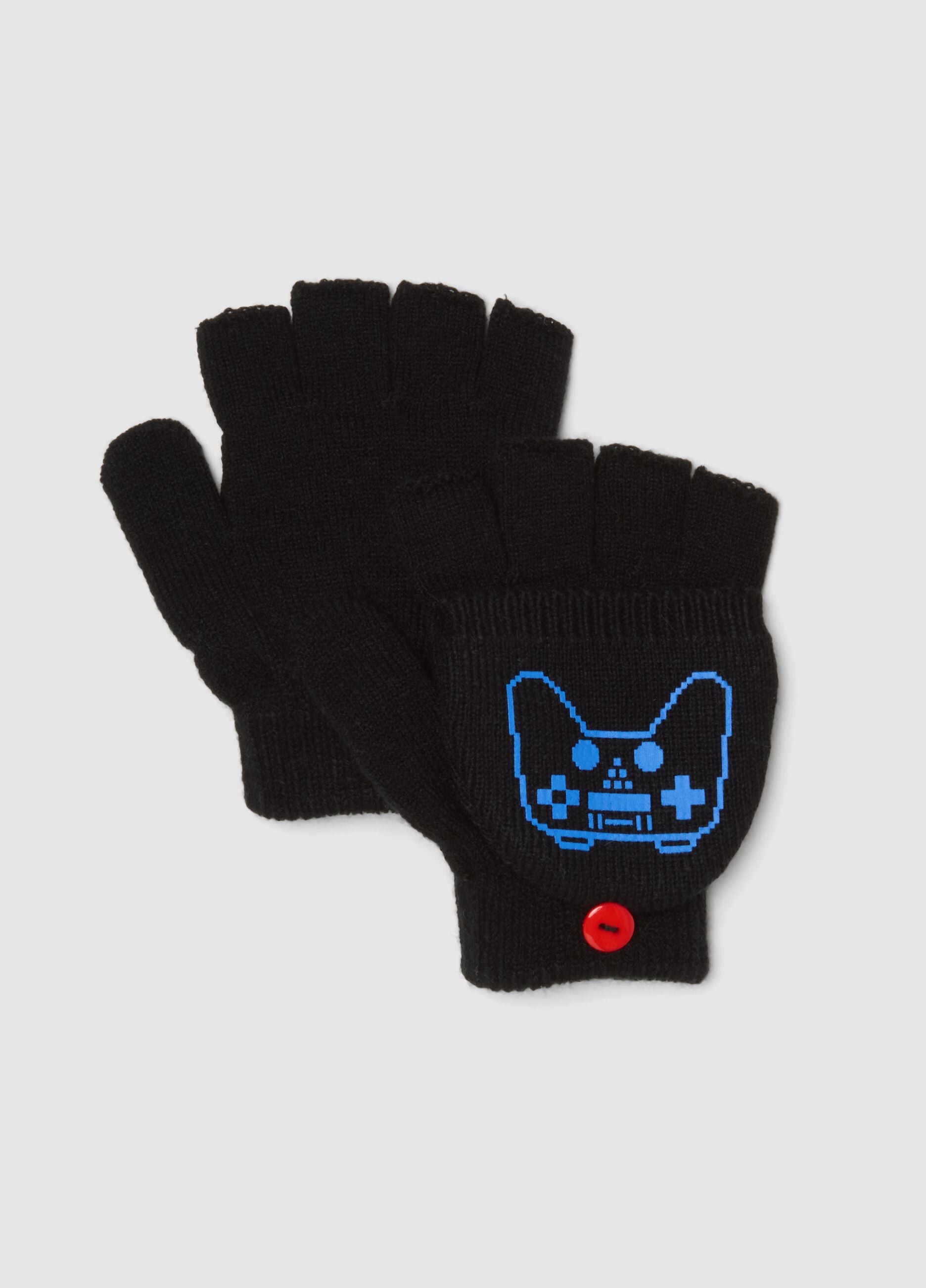 Schwarze, wandelbare Handschuhe mit Videogame-Print