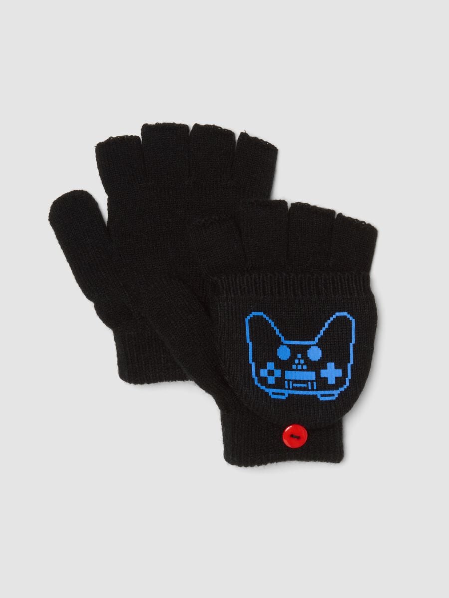 Schwarze, wandelbare Handschuhe mit Videogame-Print_0