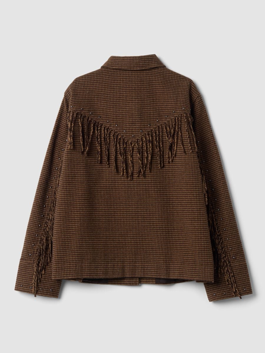 Blazer marrone in misto lana e viscosa con frange applicate_6