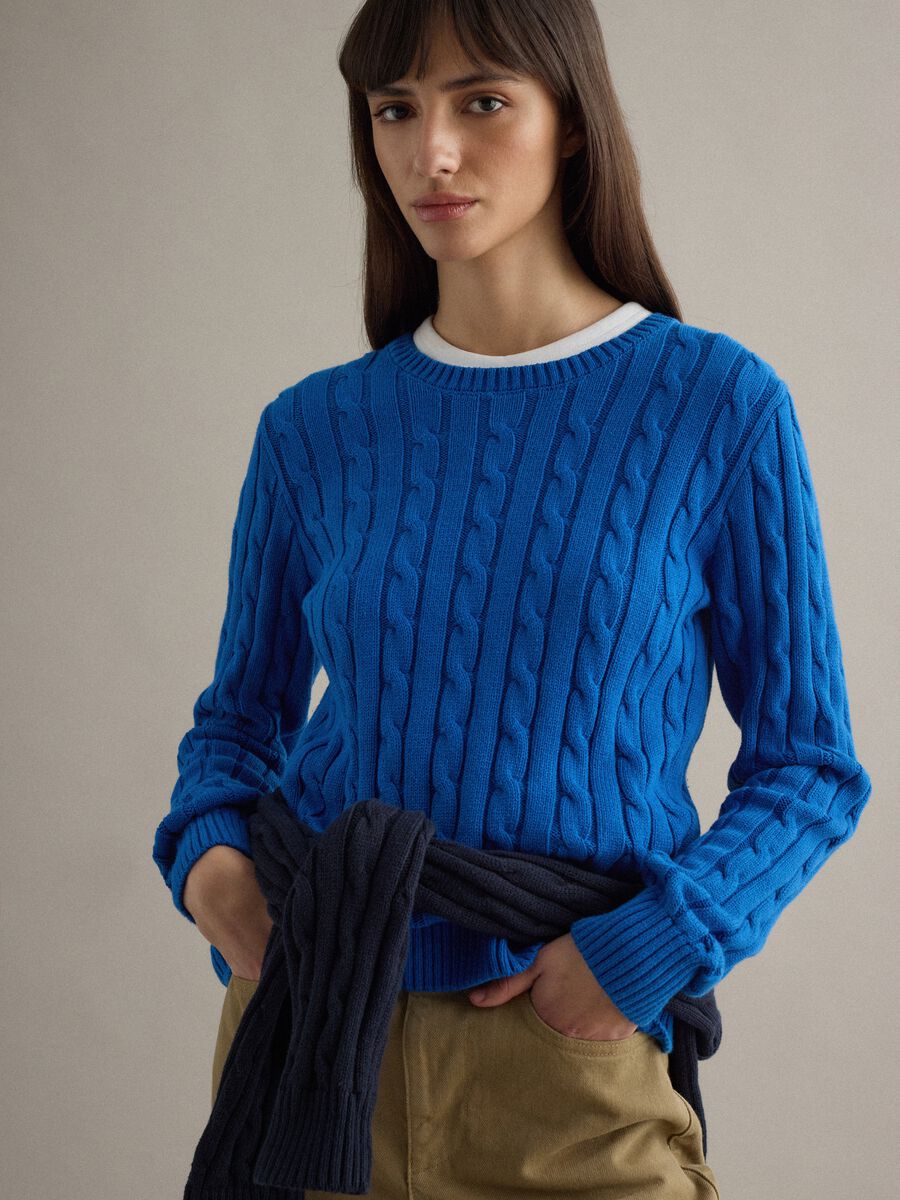Blue sweater in pure cotton regular fit with cable knit_1