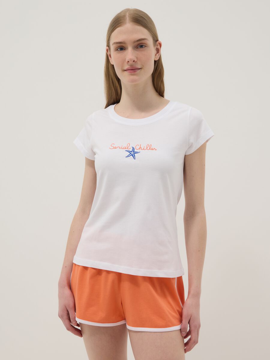 White pure cotton pyjama T-shirt, regular fit with embroidery_1