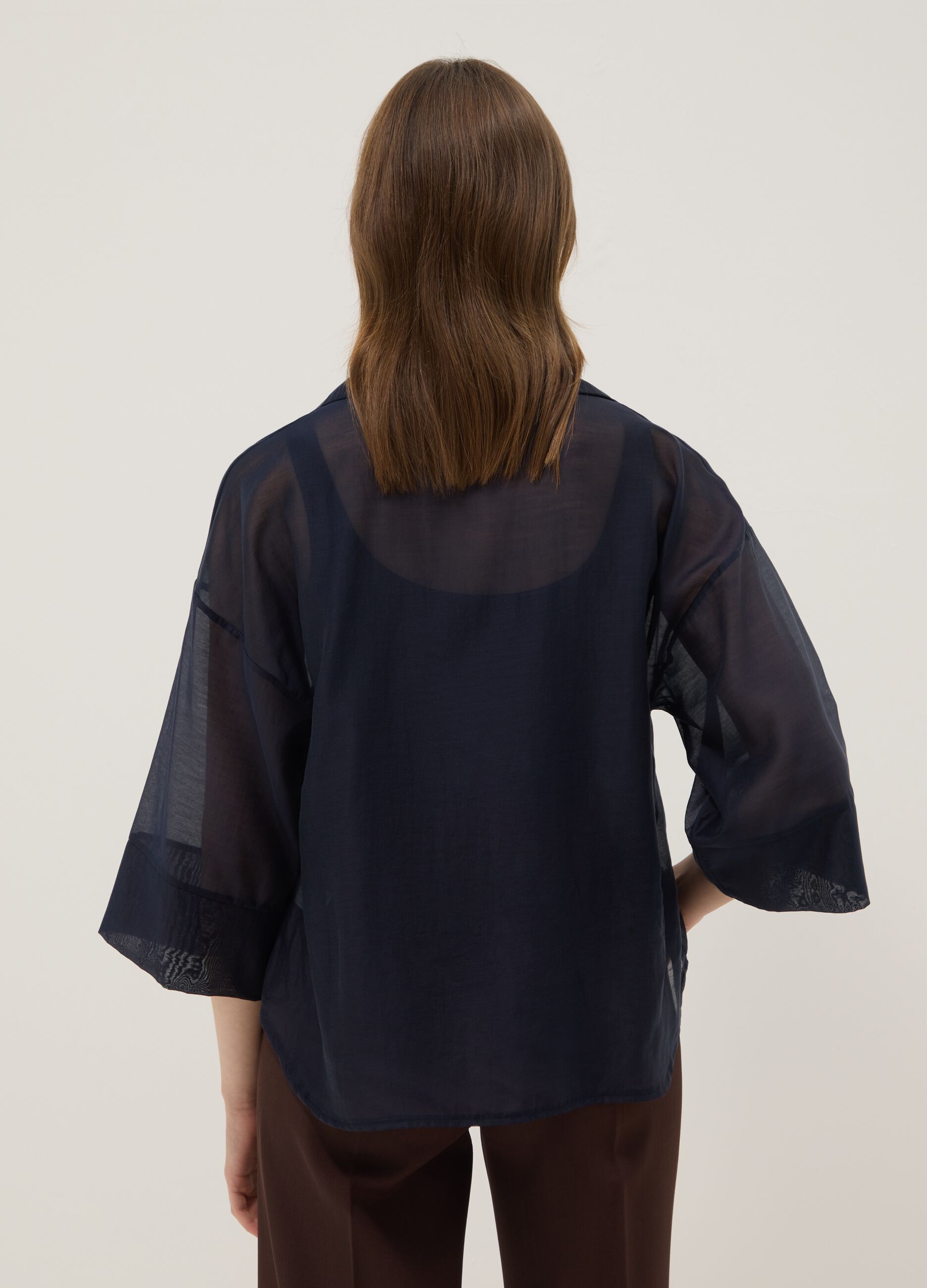 Blouse bleue manches longues en m&eacute;lange de viscose, coupe regular