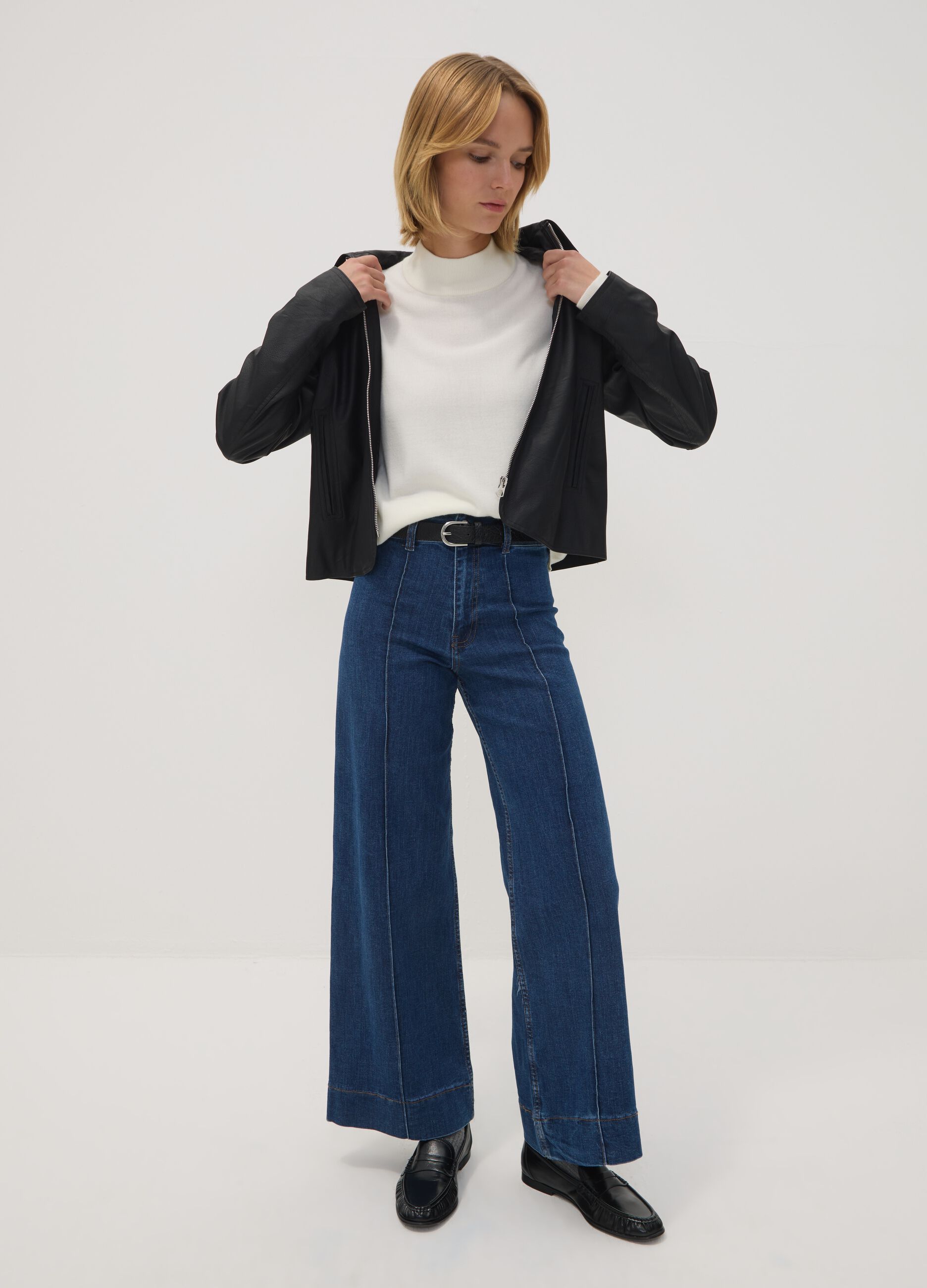 Blue wide-leg jeans in stretch cotton