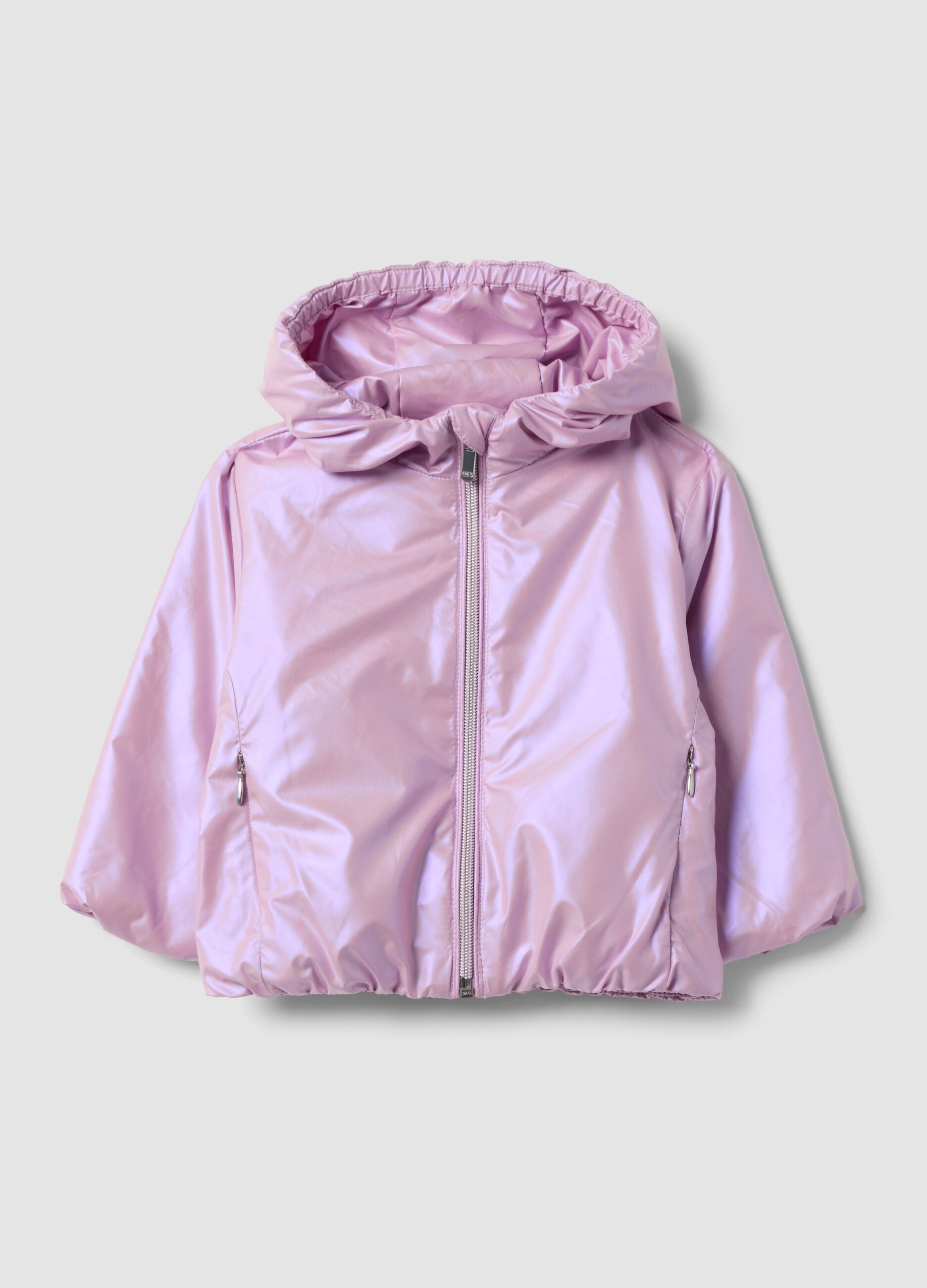 Casaco acolchoado roxo com capuz e fecho de correr, regular fit para menina beb&eacute;