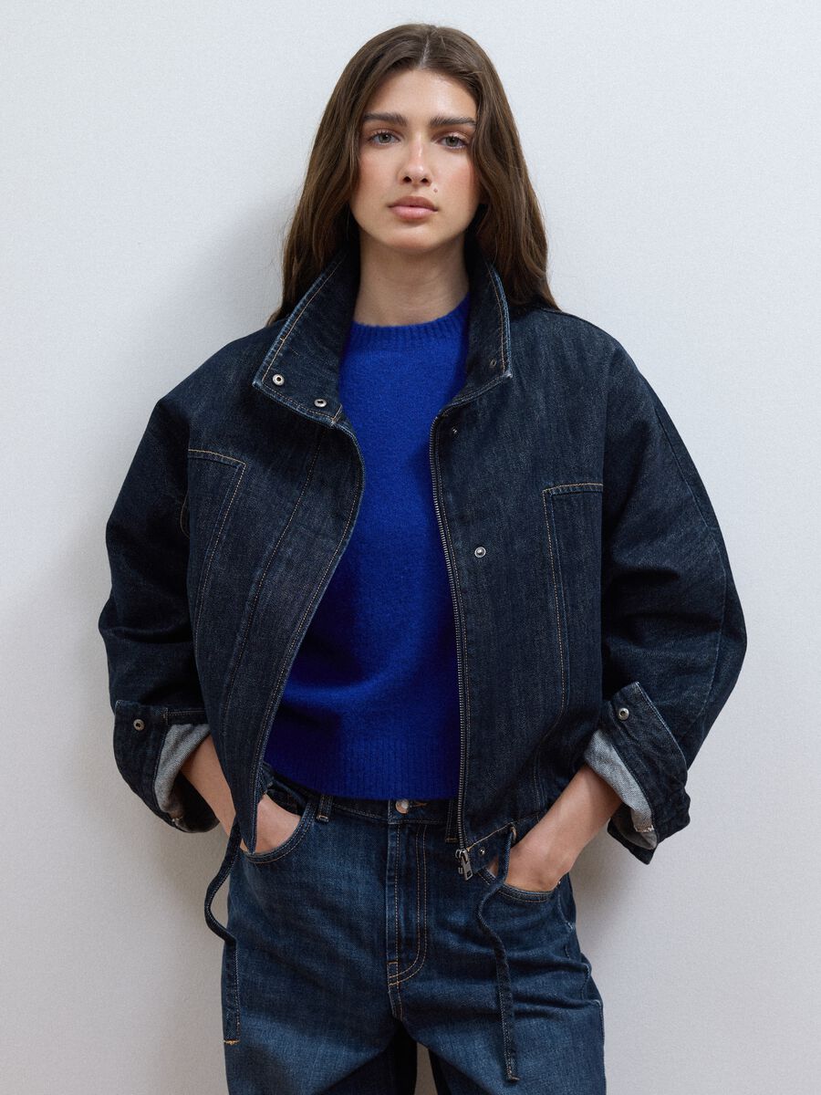 Blue pure cotton denim jacket with zip, oversized fit_1