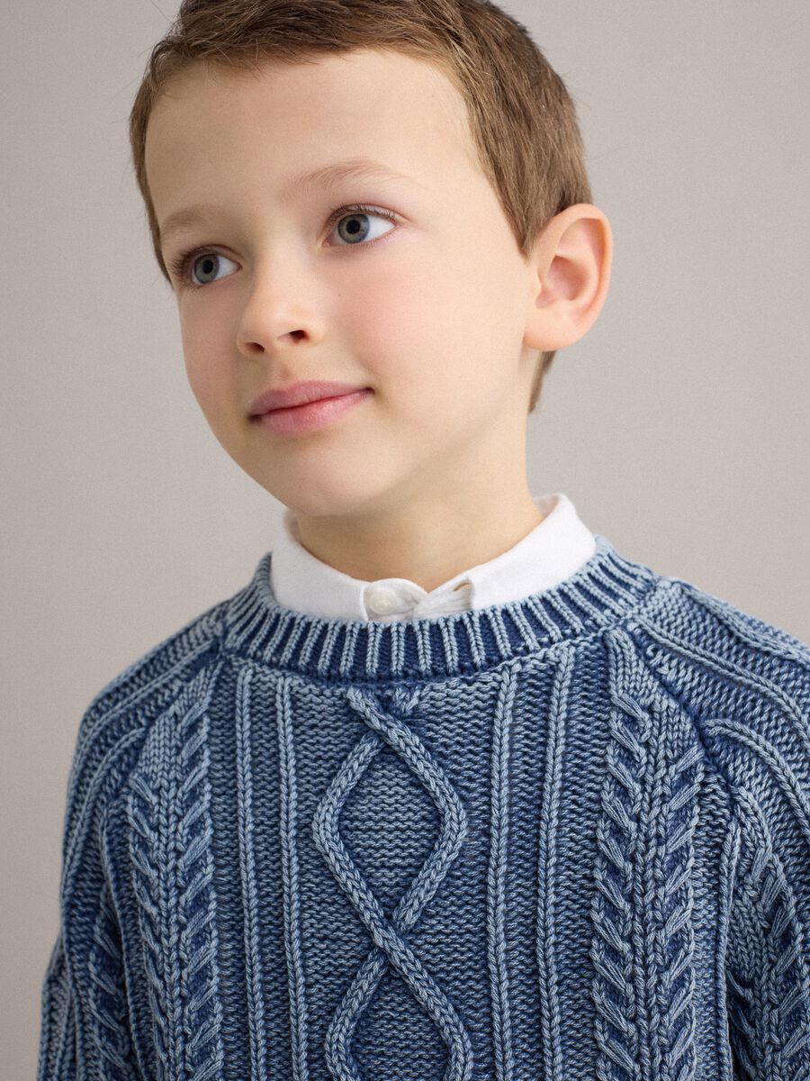 Children's blue pure cotton sweater, regular fit with knitted design_0
