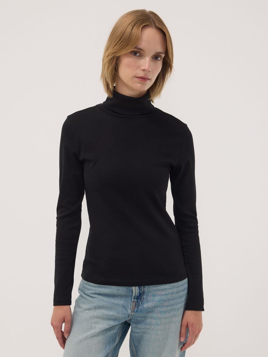 Black pure cotton long-sleeve crew-neck T-shirt_0