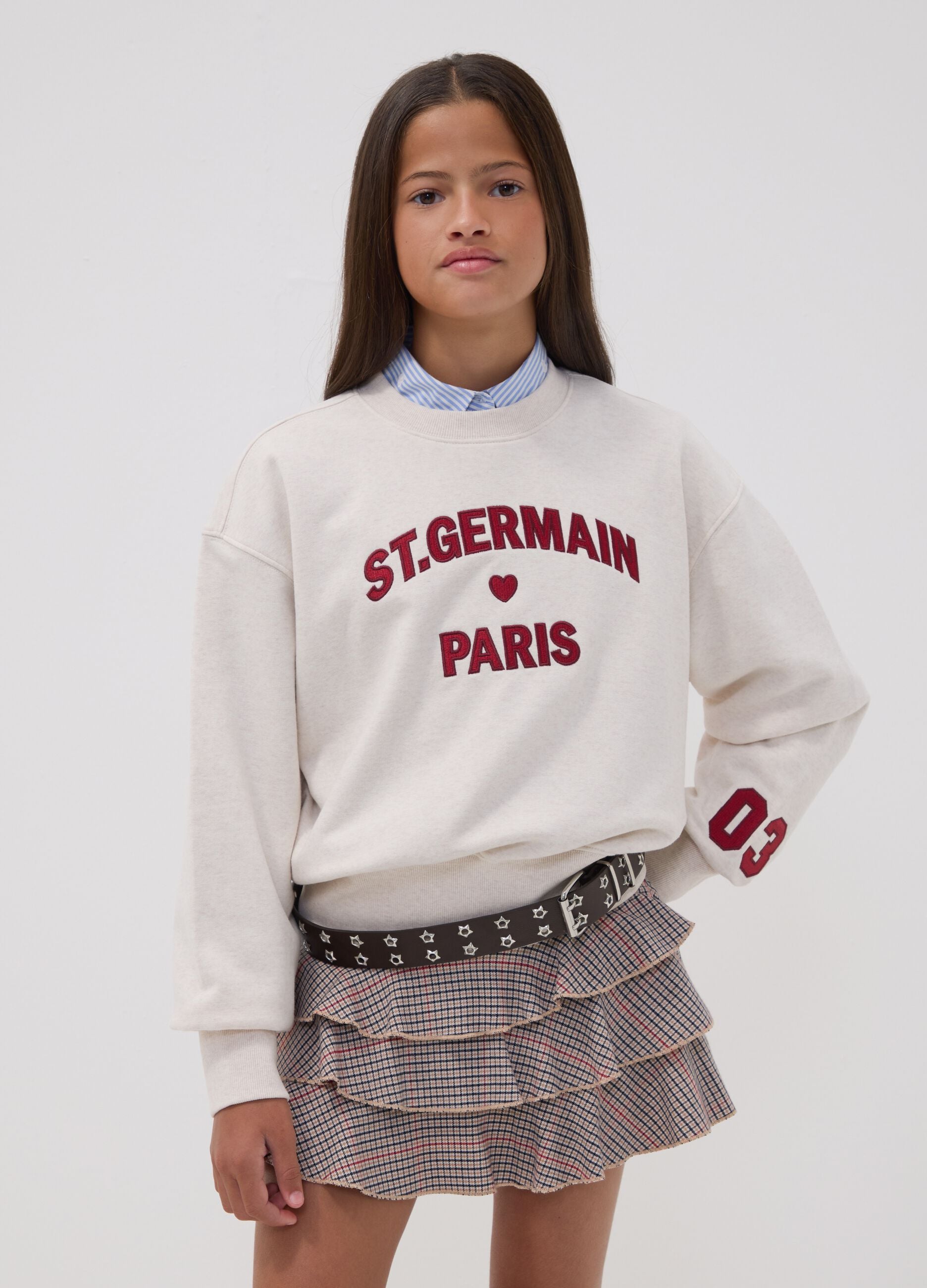 Beige cotton-blend crew-neck sweatshirt with Paris print for girls