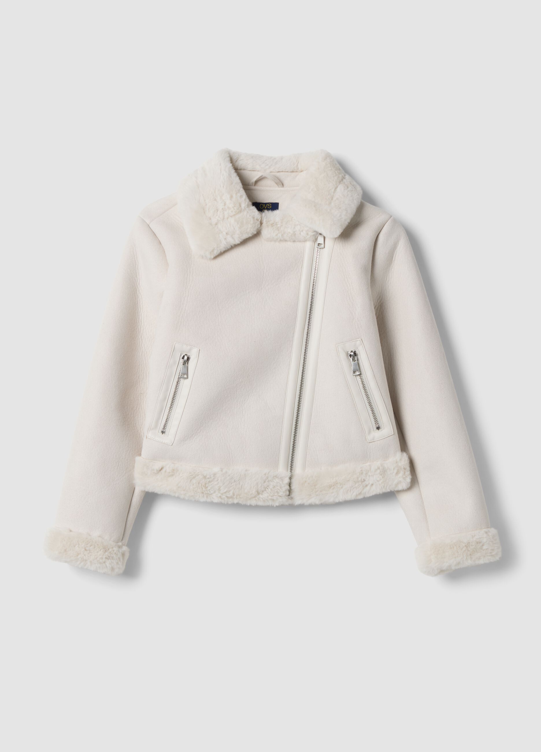 White slim-fit jacket with diagonal zip and shearling-effect trims