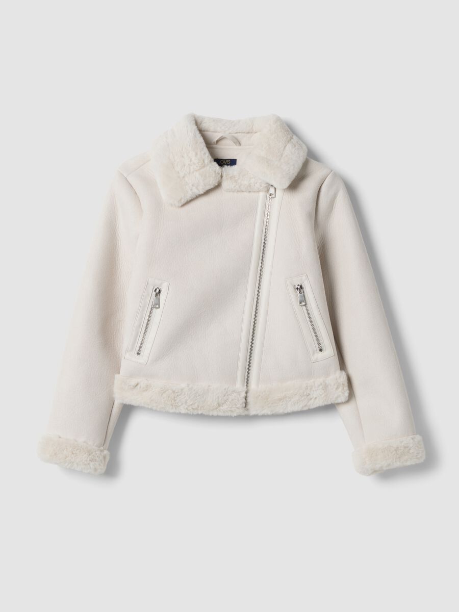 White slim-fit jacket with diagonal zip and shearling-effect trims_0