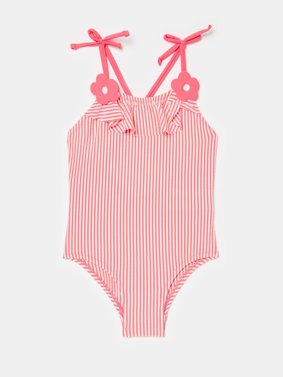 One-piece striped swimsuit with flowers and flounce_0