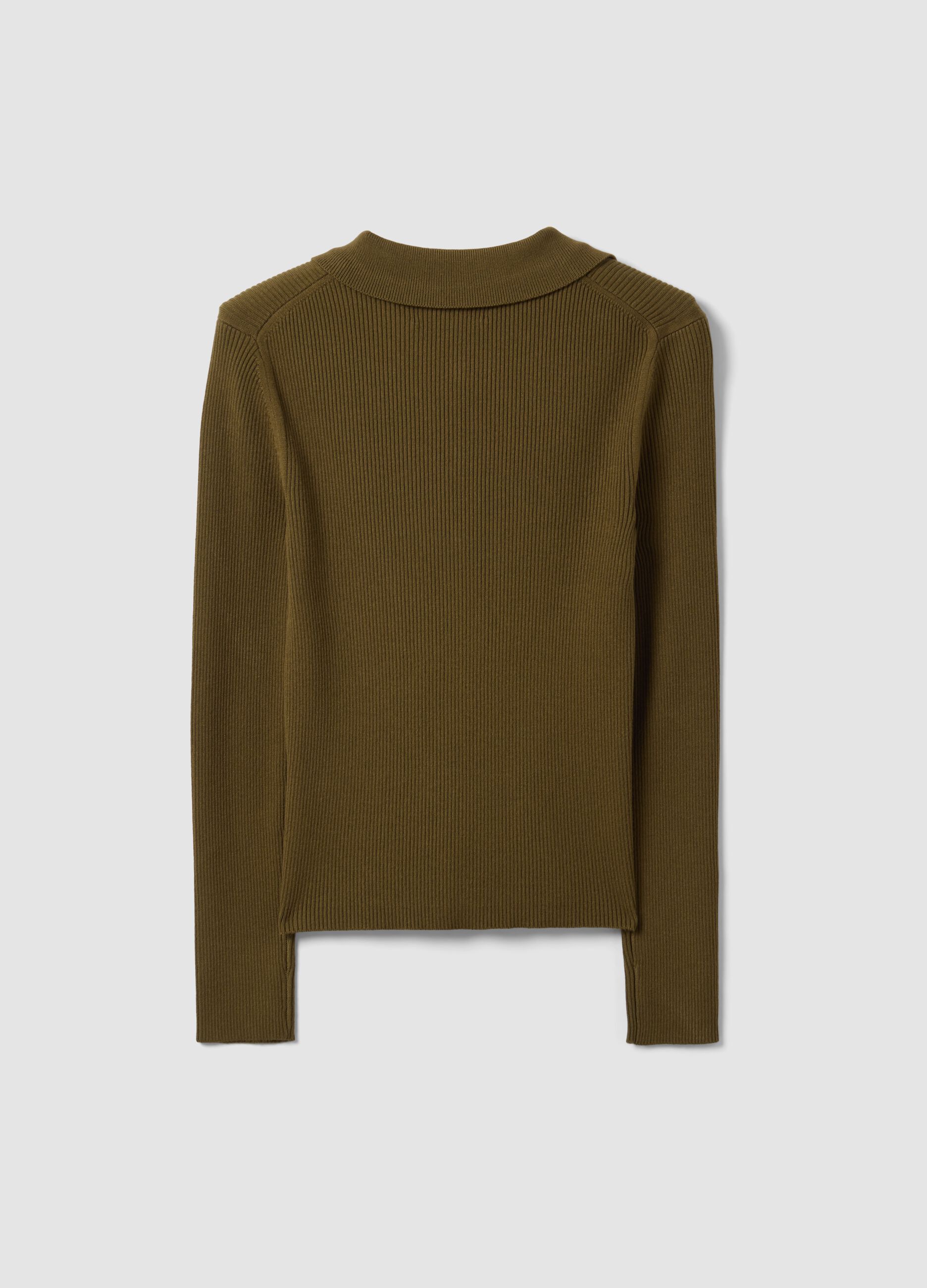 Cardigan fitted verde a coste in misto viscosa con colletto polo