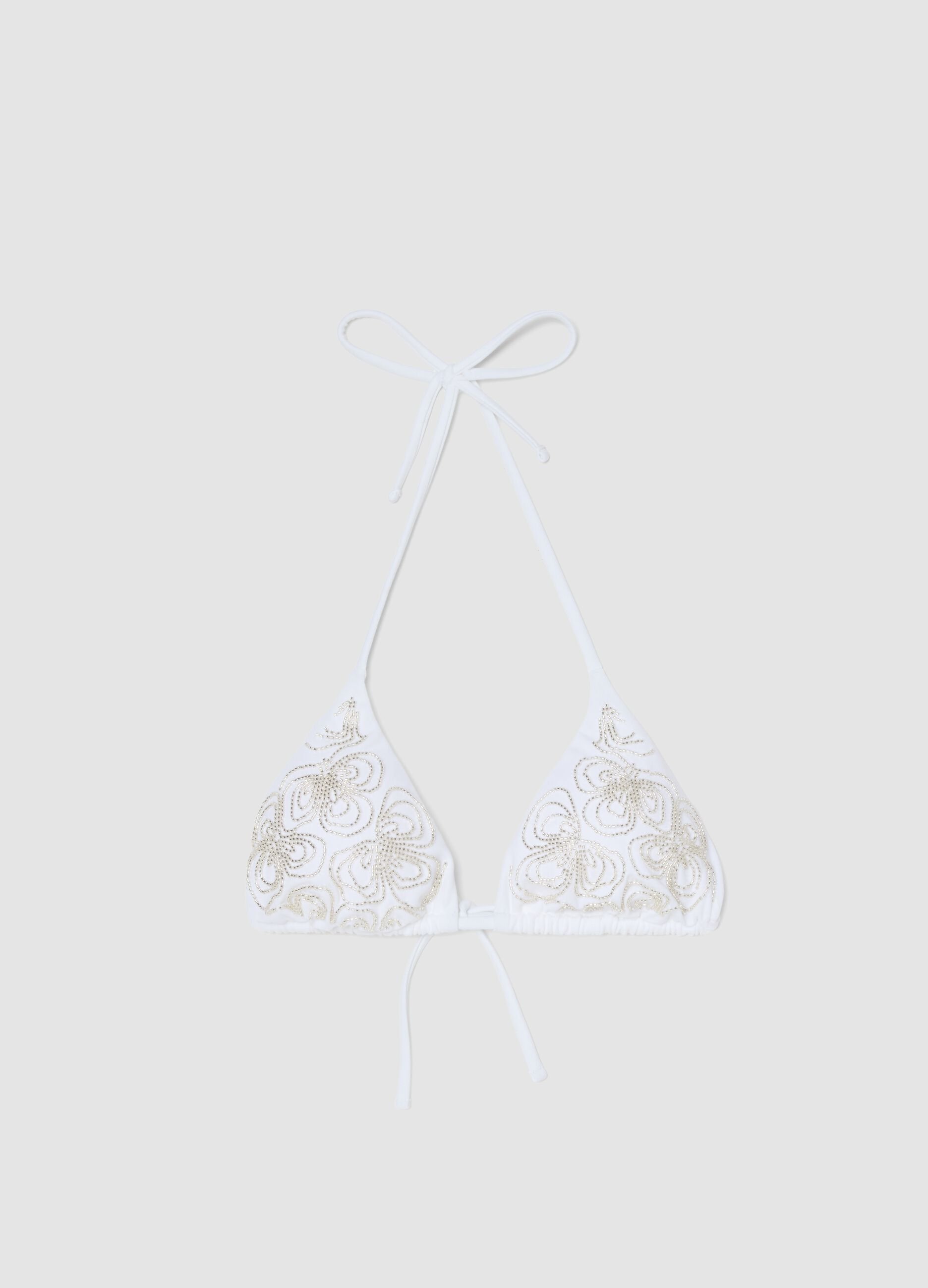 Wei&szlig;es Triangel-Bikini-Top aus Stretchmaterial mit Perlen-Details