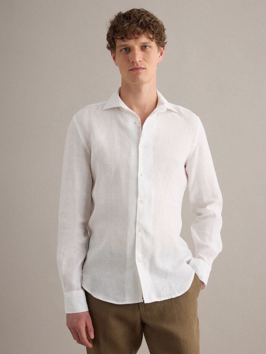 White pure linen long-sleeve slim fit shirt_1