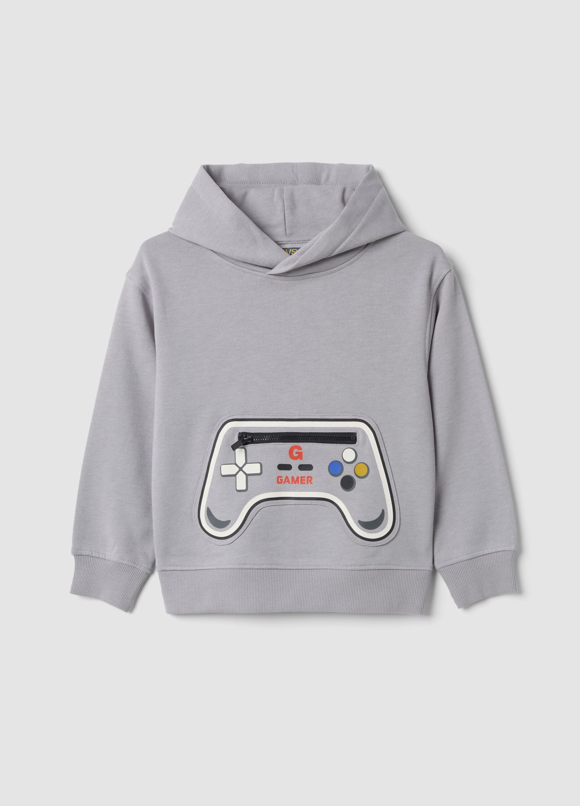 Sweatshirt cinzenta em mistura de algod&atilde;o com capuz e gola redonda