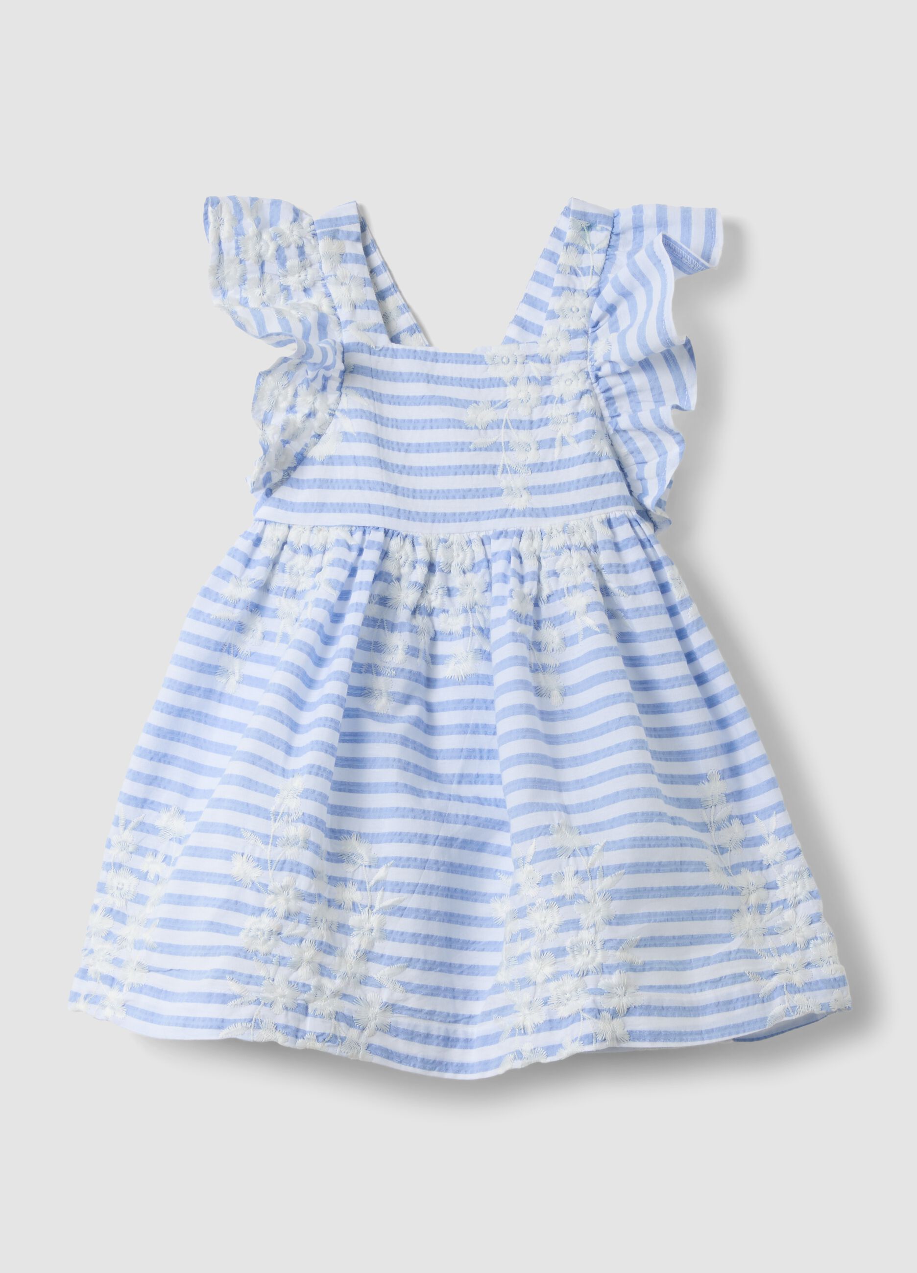 Multicoloured striped pure cotton dress with ruffles for baby girls, wide fit