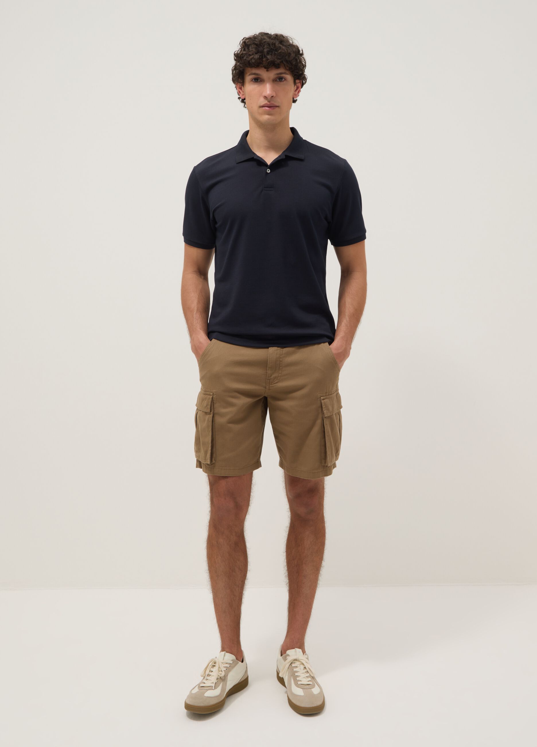Beige pure cotton cargo Bermuda shorts, regular fit