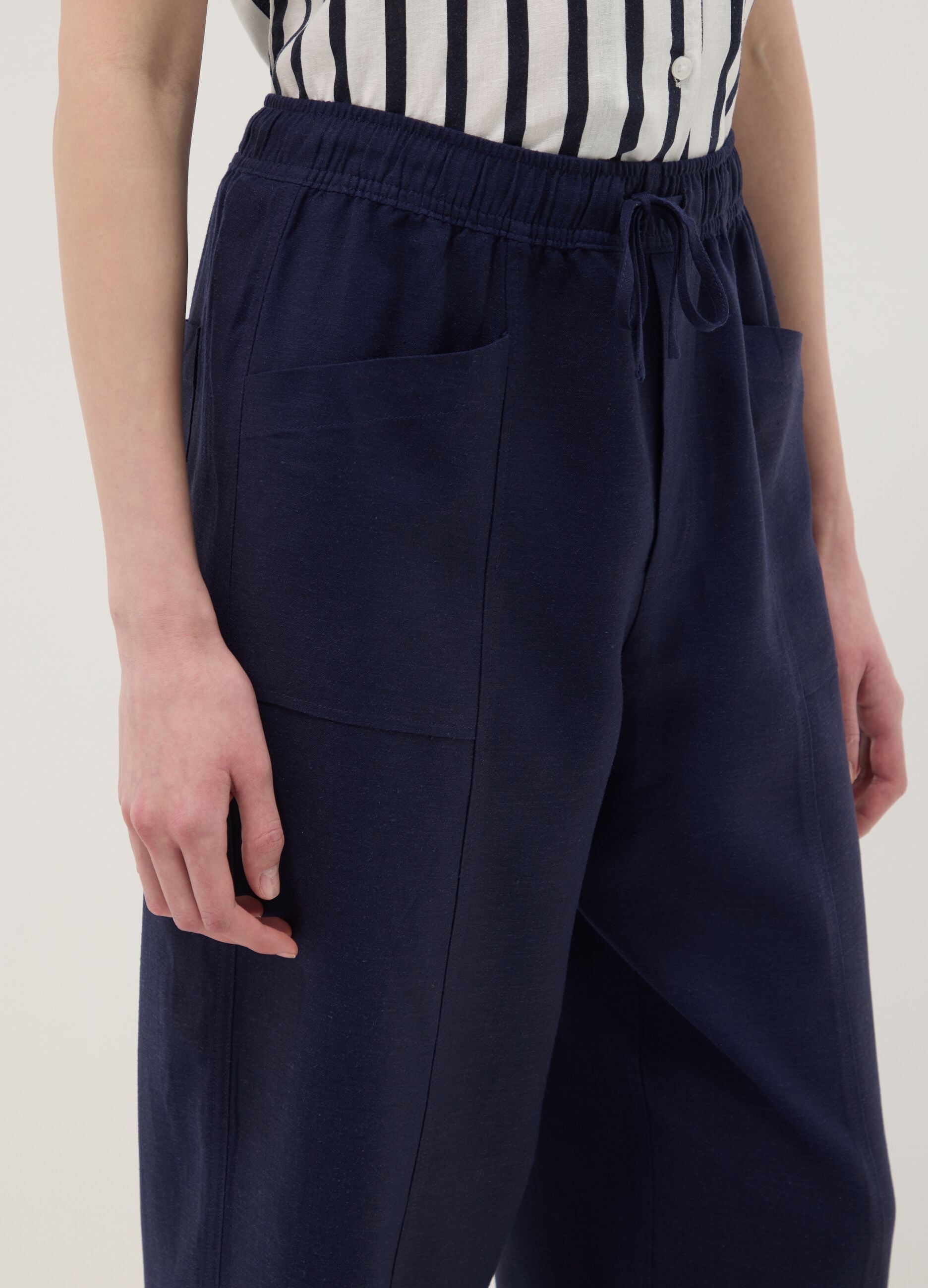Blue viscose and linen blend straight-leg trousers with drawstring